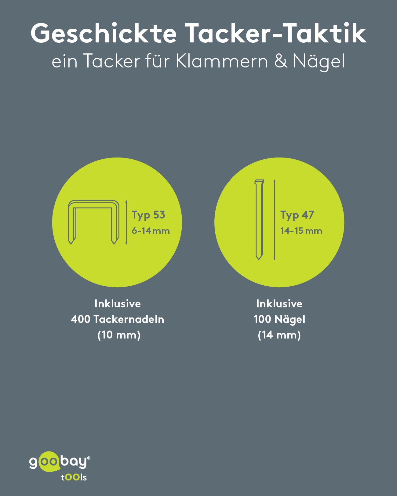 GOOBAY TOOLS 2in1 Elektrotacker-Set, 77820, mit 400 Tackernadeln und 100 Nägeln