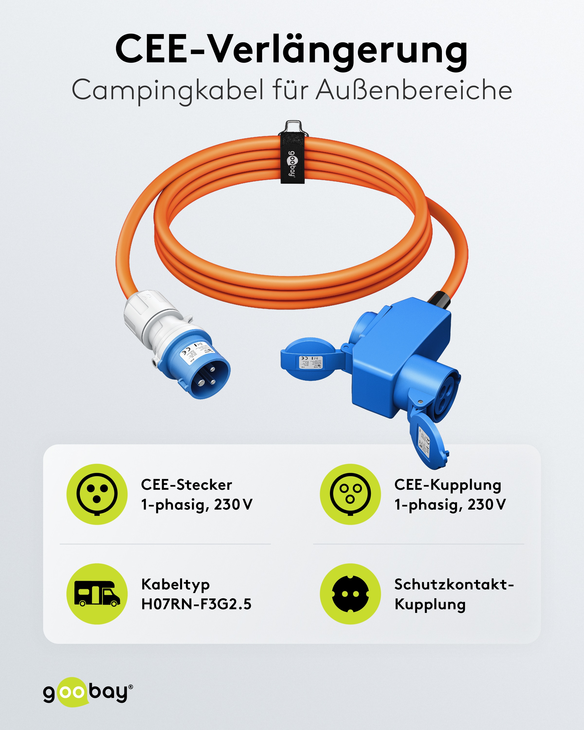 GOOBAY CEE-Adapterkabel 76233, 5 m, Stecker zu Kupplung + Schutzkontakt Kupplung
