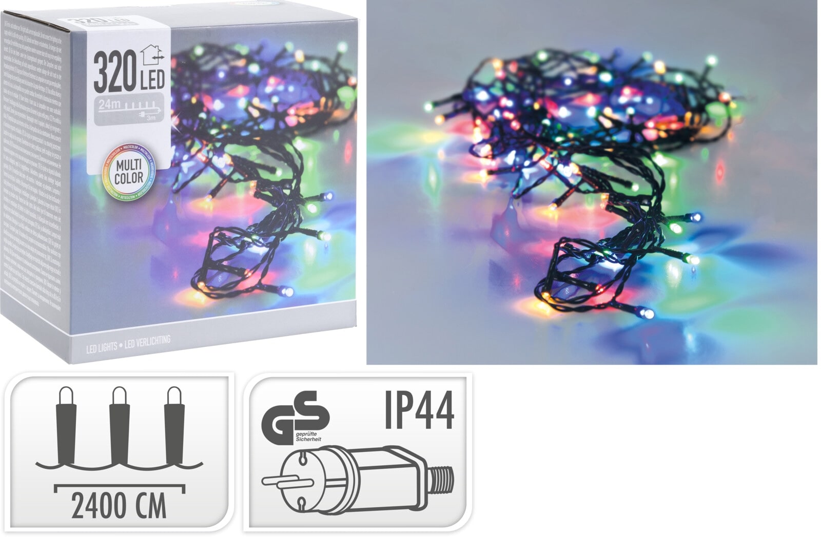 LED-Lichterkette, 320 LEDs, bunt, 230 V~, grün, Innen/Außen, 27 m LED-Lichterkette, 320 LEDs, bunt, 230V~, IP44, Innen/Außen