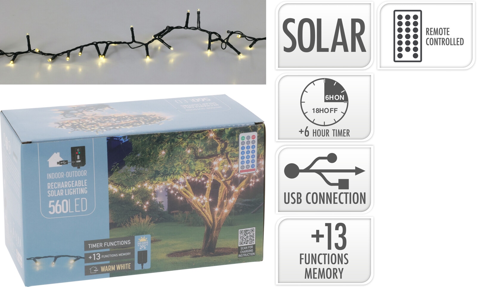 Solar LED-Lichterkette, 560 LEDs, warmweiß, 14,20m, 13 Funktionen, Innen/Außen KOOPMAN Solar LED-Lichterkette, 560 LEDs, warmweiß, 14,20m, 13 Funktionen, Innen/Außen