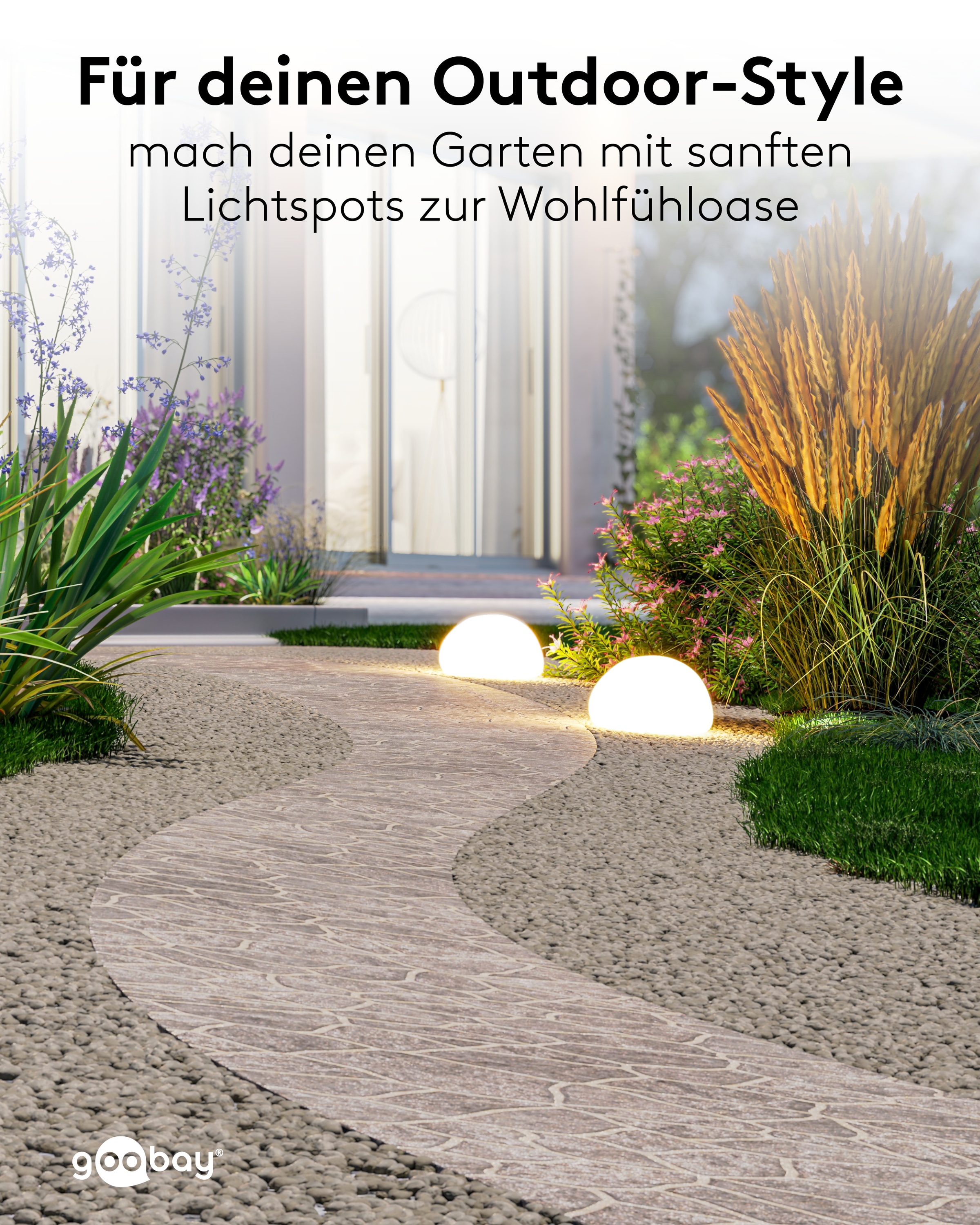 GOOBAY LED-Solar-Gartenleuchten, 24 cm, Stein, Größe M, RGBW, 2 Stück