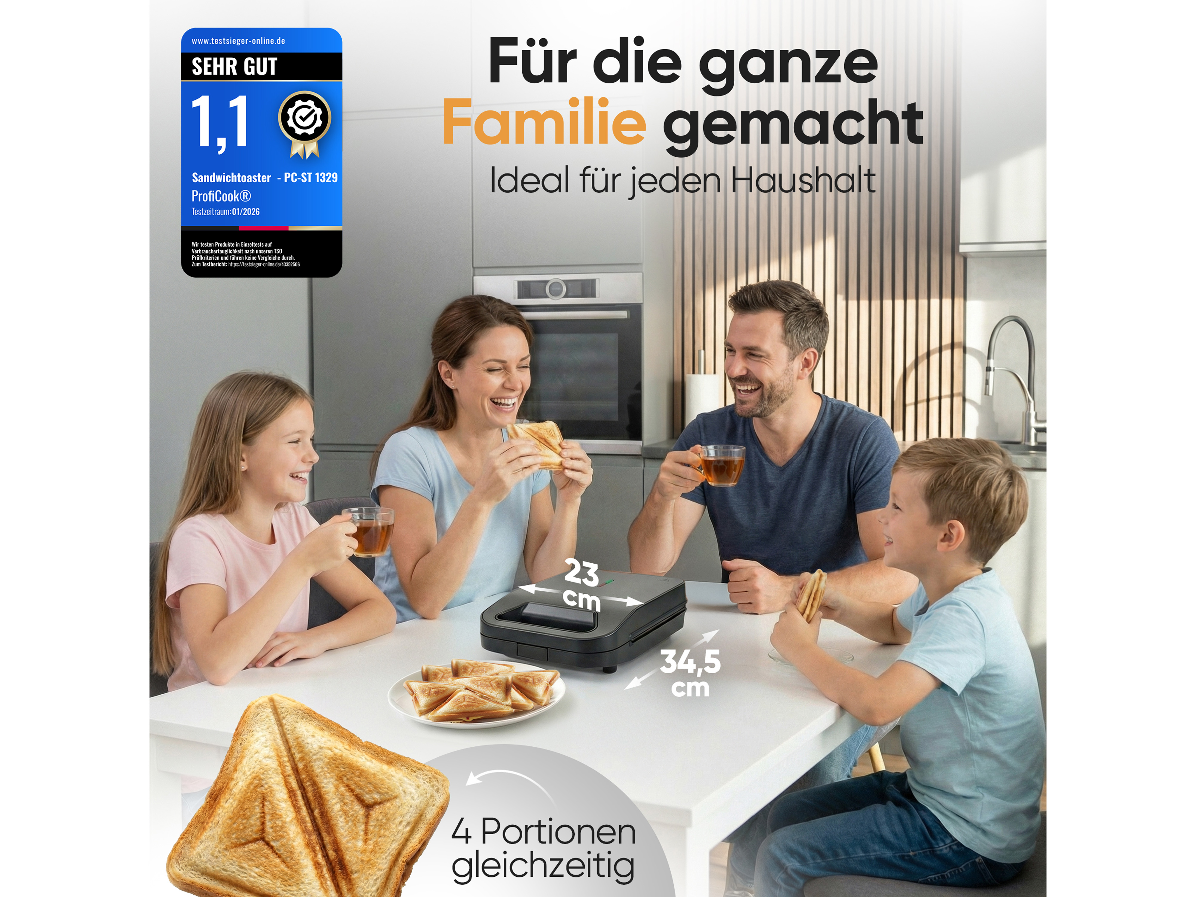 PROFICOOK Sandwichmaker PC-ST 1329, 4 Sandwiches, antihaftbeschichtet, 1600W