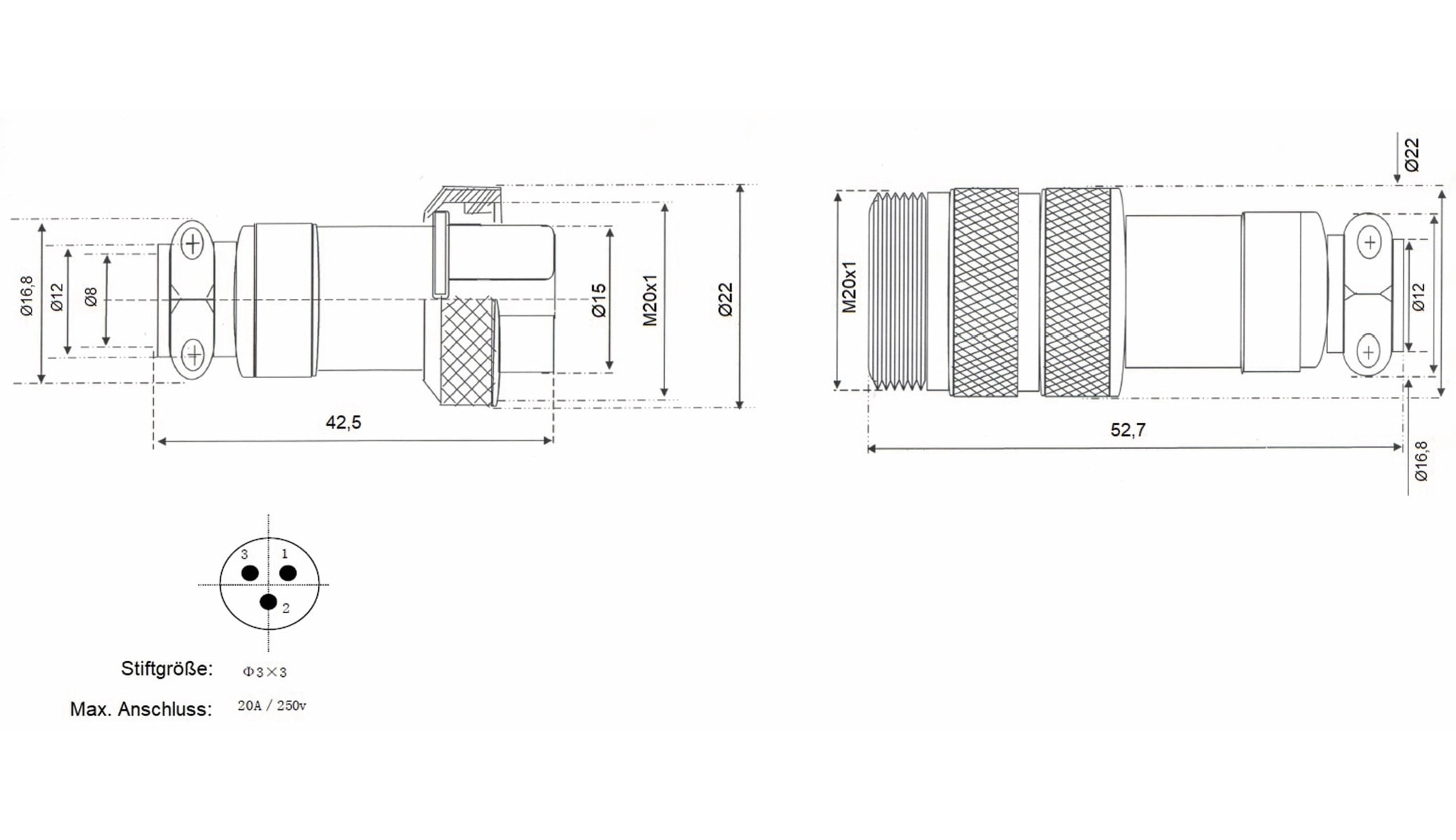 Hochstrom Steckverbinder-Set, 3-polig, Ø 20 mm, Schraubverschluss