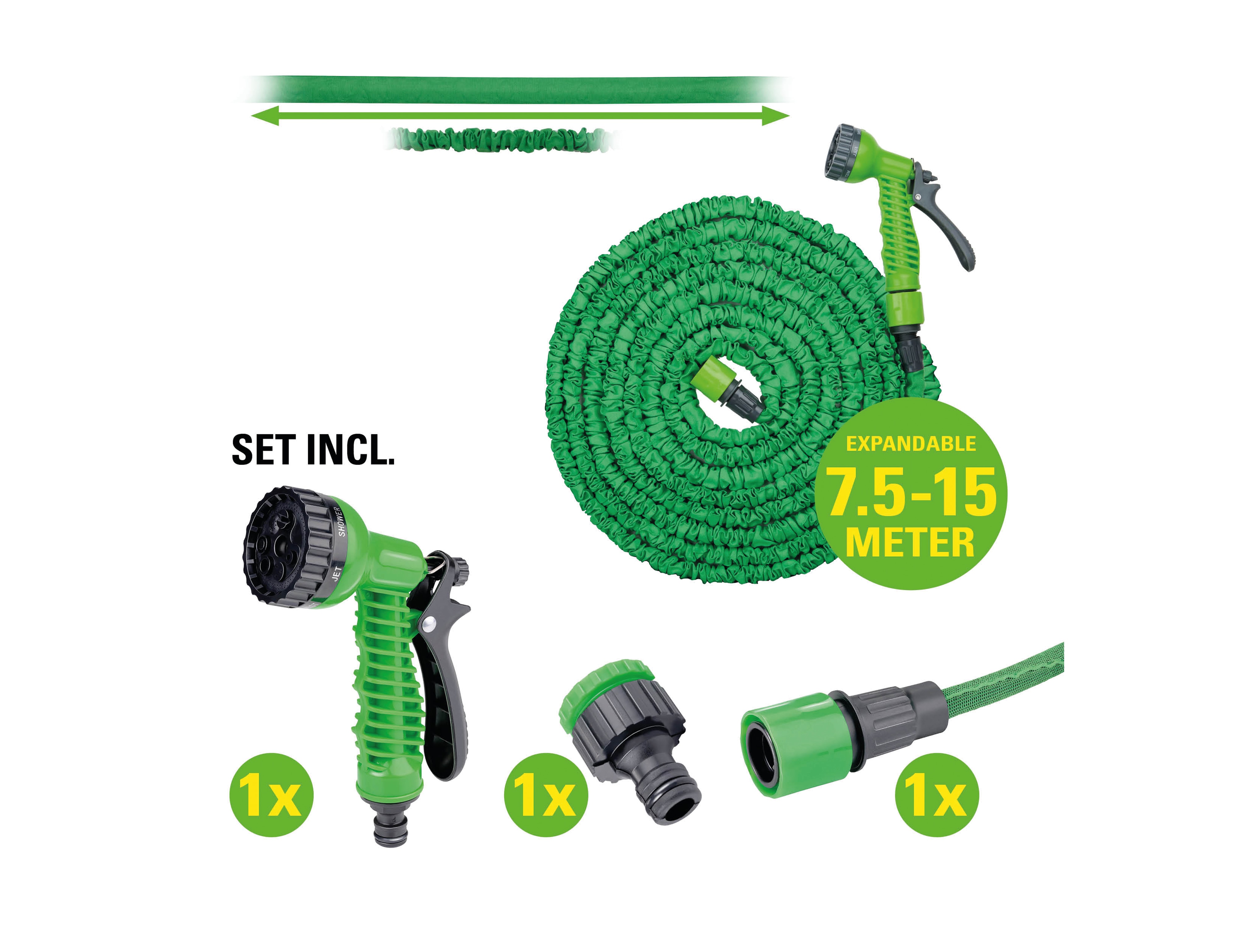KINZO Gartenschlauch mit Sprühkopf dehnbar von 750 bis 1500 cm