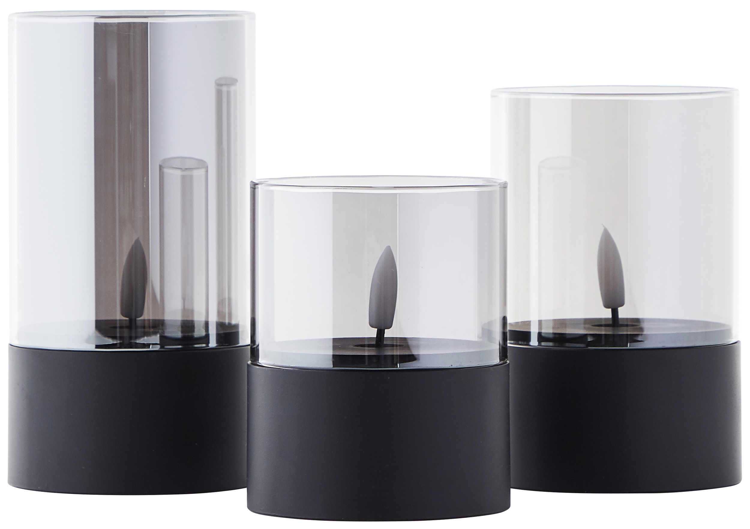 BRILLIANT LED-Kerzen, Ø 8 cm, Rauchglas, 10/12,5/15 cm, schwarz, 3er-Set