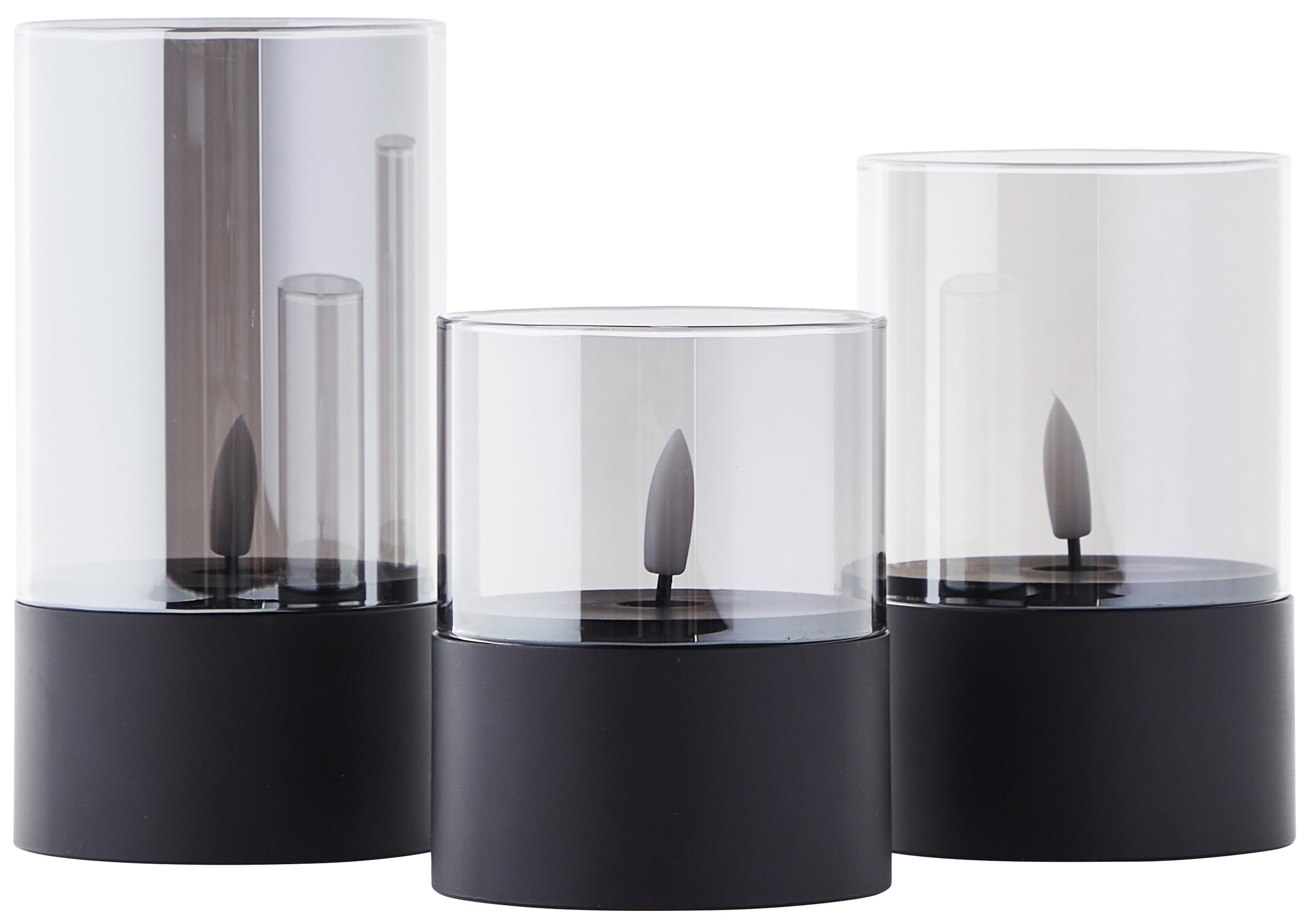 BRILLIANT LED-Kerzen, Ø 8 cm, Rauchglas, 10/12,5/15 cm, schwarz, 3er-Set