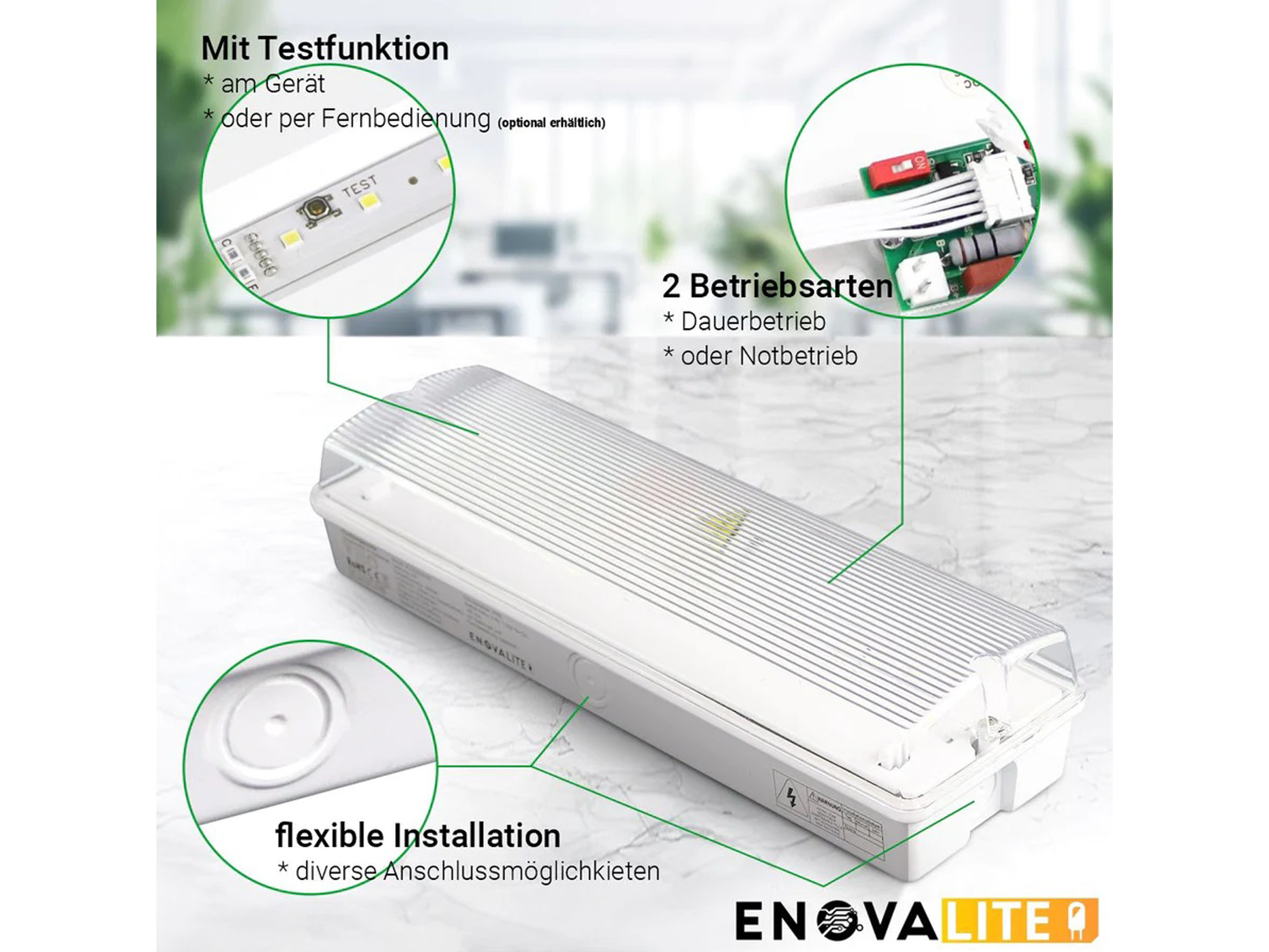 ENOVALITE LED-Fluchtwegleuchte, 200100, inkl. Notstromeinheit, TEST-Funktion