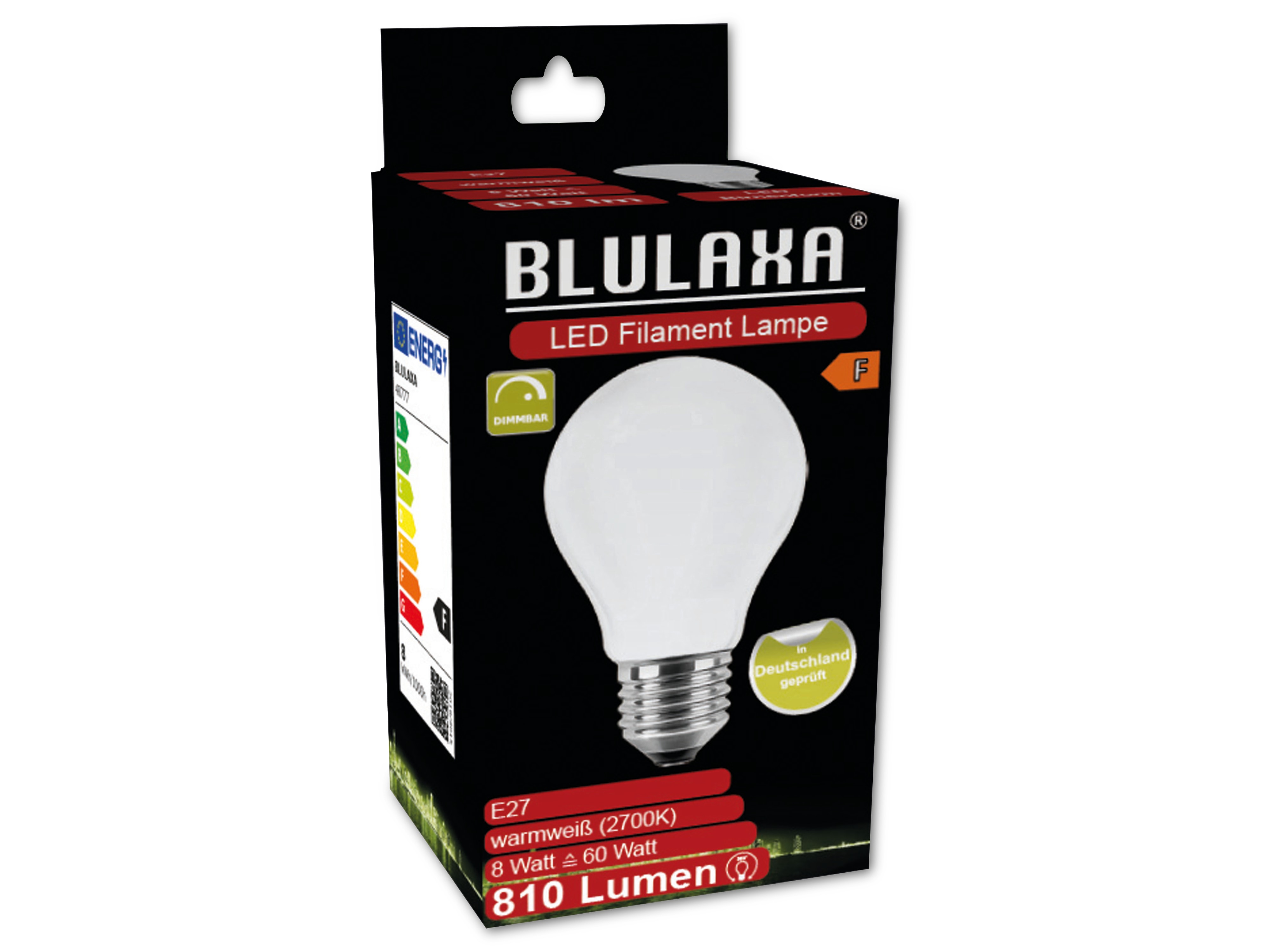 BLULAXA LED-Filament-Lampe, A60, E27, EEK: F, 8W, 810lm, 2700K