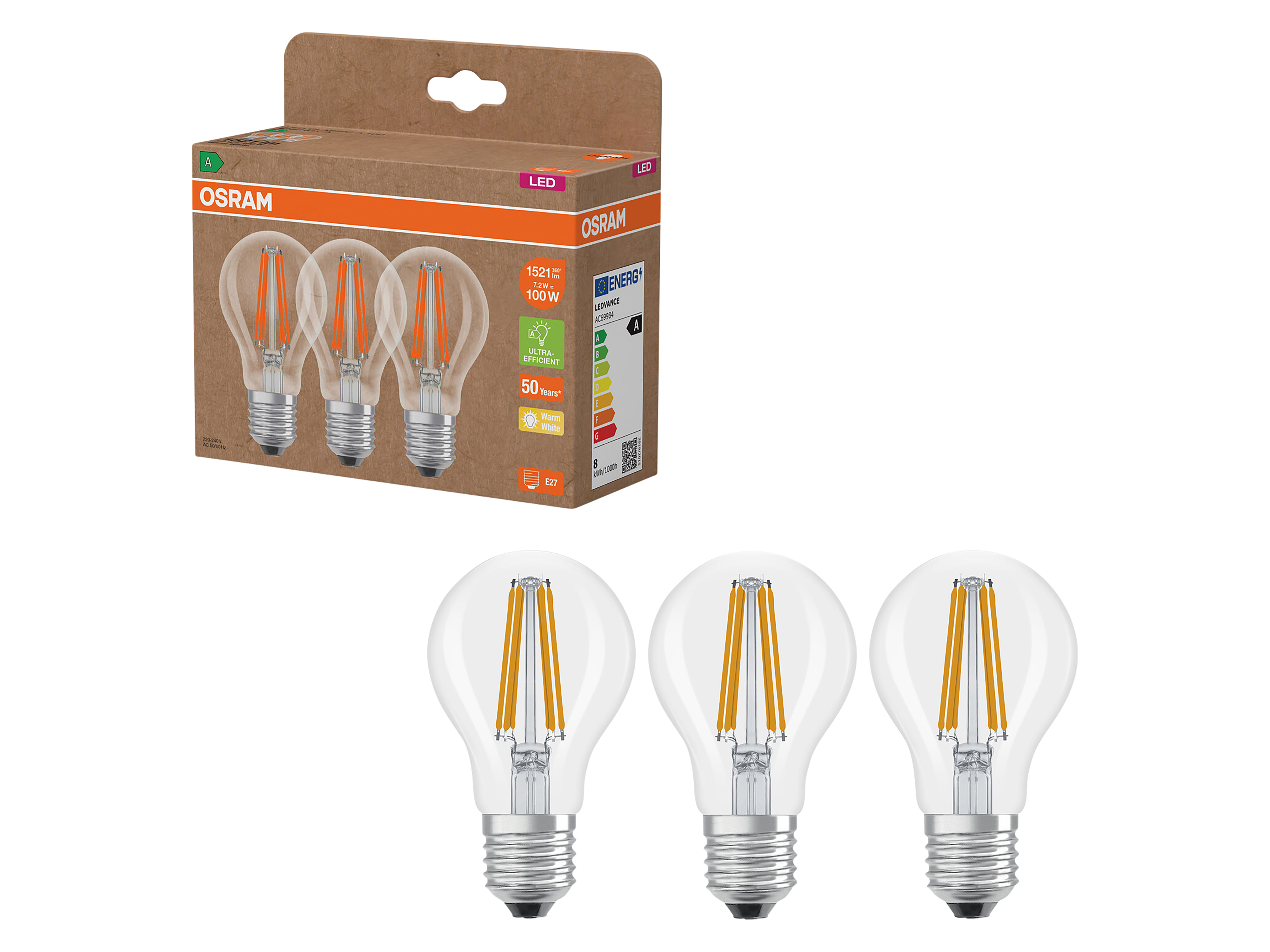 OSRAM LED-Lampe, E27, 7,2W, 2700K, EEK: A, 1521lm, warmweiß, IP20, klar, 3 Stück