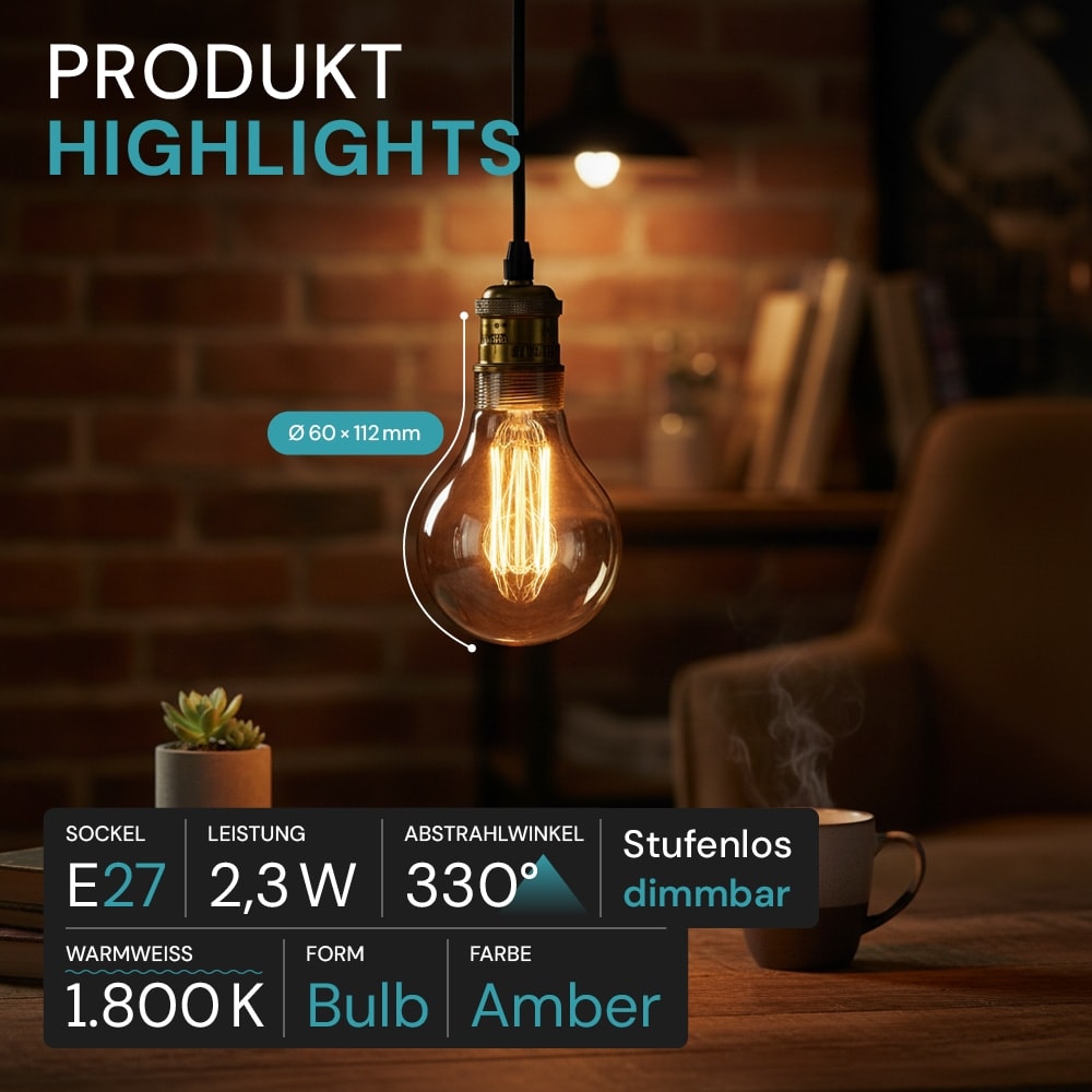 LUXULA LED-Filament-Lampe,, Vintage Bulb, E27, 2,3W, 65lm, 1800K LUXULA LED-Filament-Lampe,, Vintage Bulb, E27, 2,3W, 65lm, 1800K