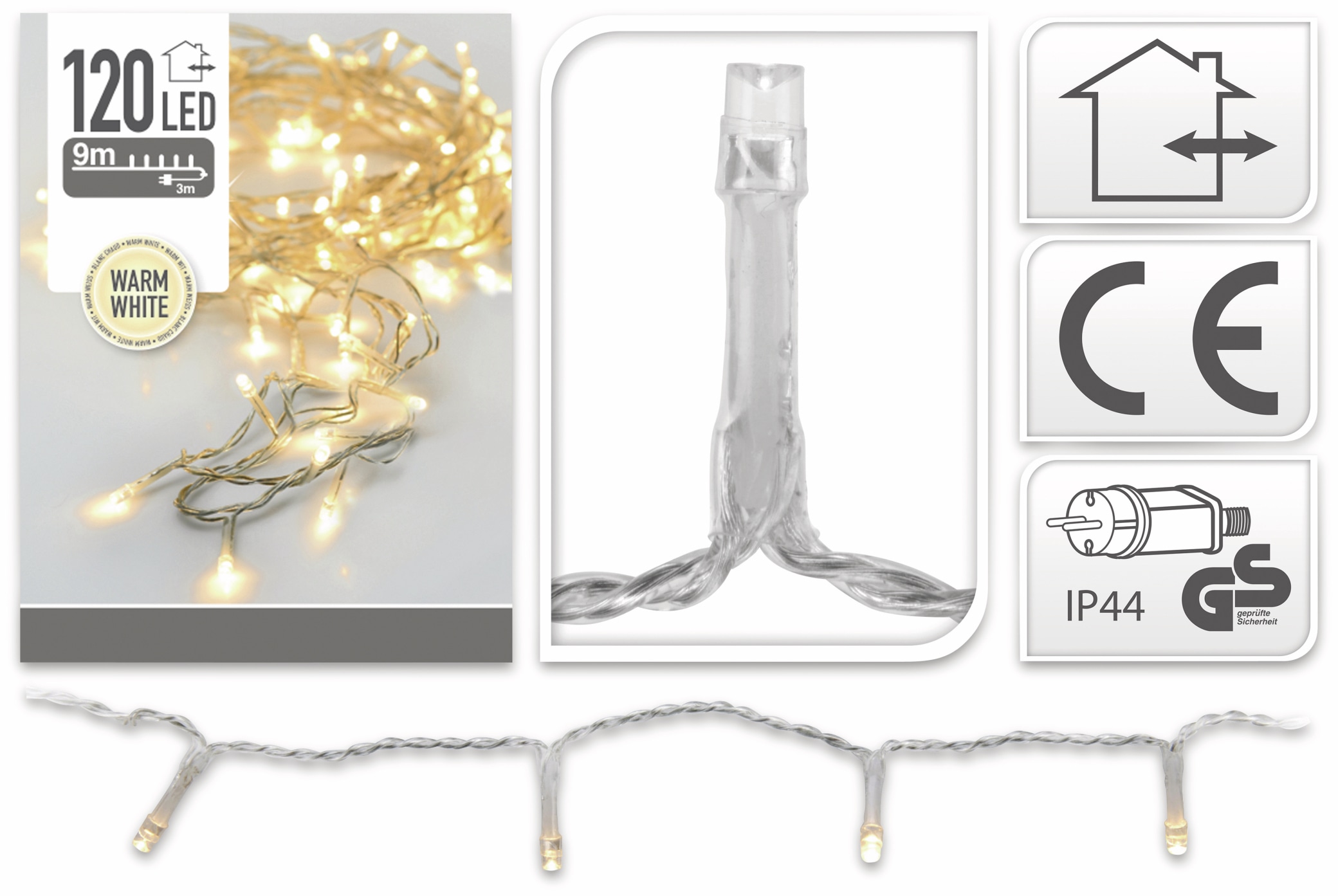 LED-Lichterkette, 120 LEDs, warmweiß, 230 V~, transparent, Innen/Außen, 12 m LED-Lichterkette, 120 LEDs, warmweiß, 230 V~, transparent, Innen/Außen, 12 m