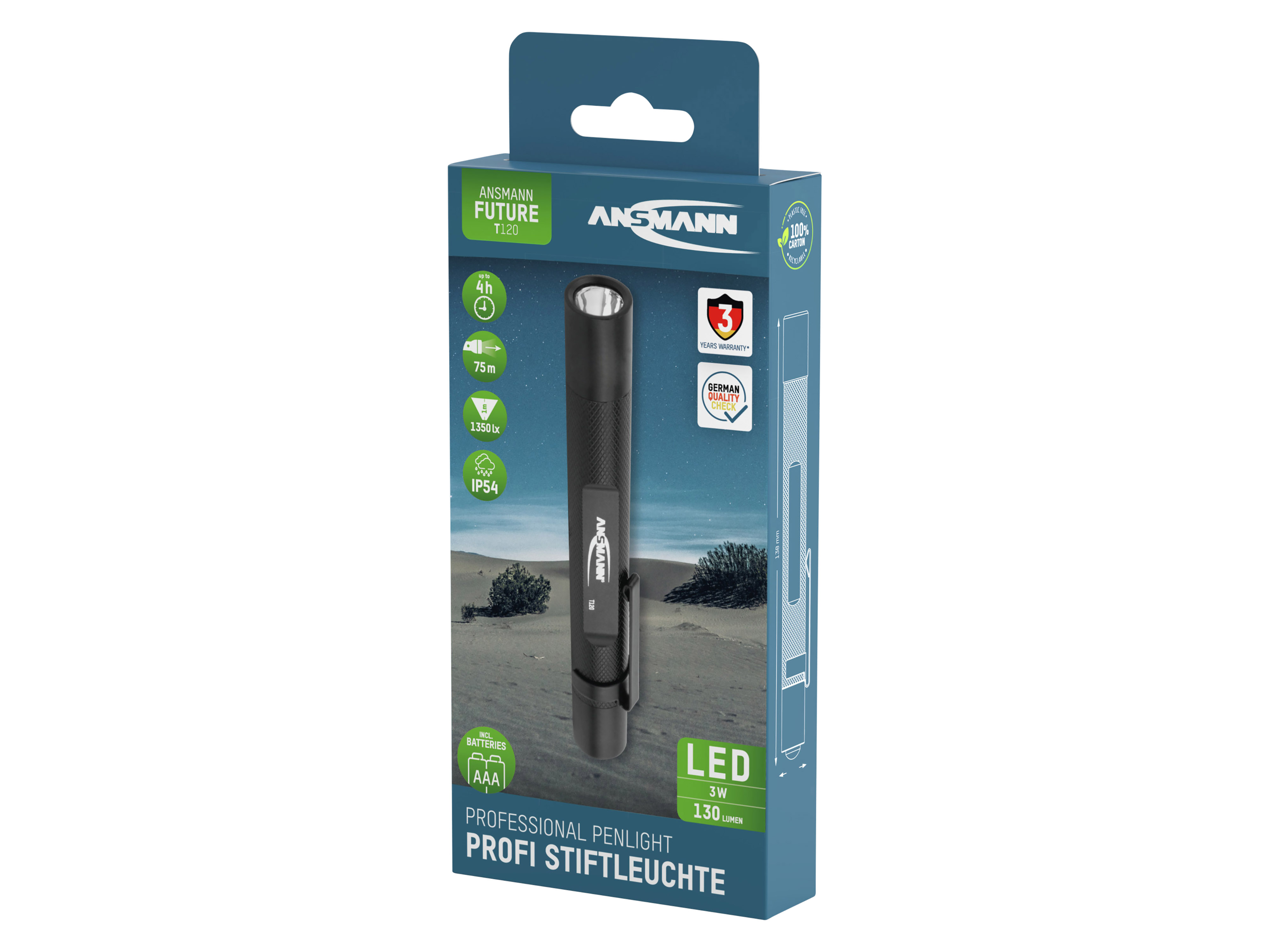 ANSMANN LED-Taschenlampe Future T120, Alu, 130 lm, batteriebetrieben