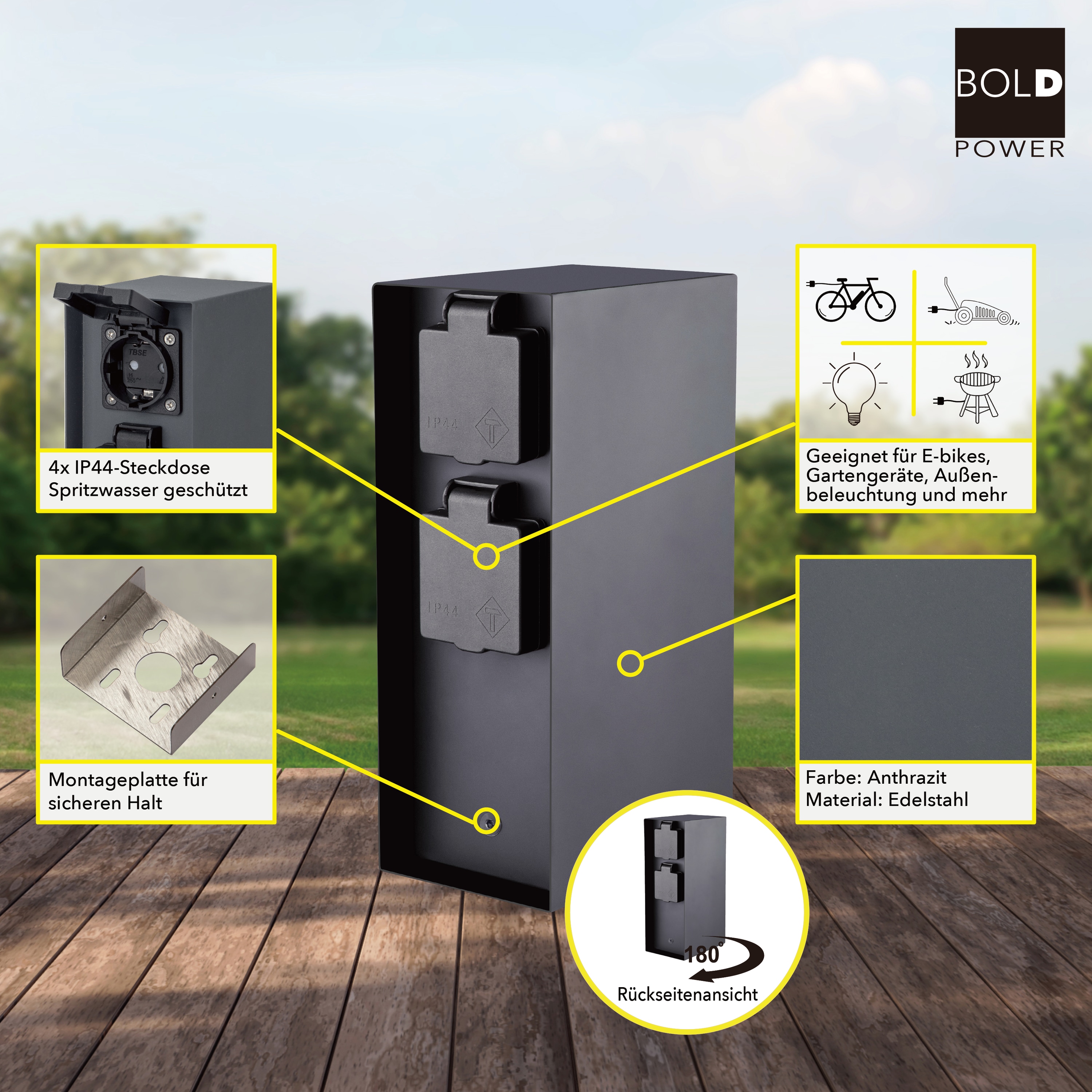 BOLD POWER Steckdosensäule Orio 10038, 4-fach, IP44, anthrazit