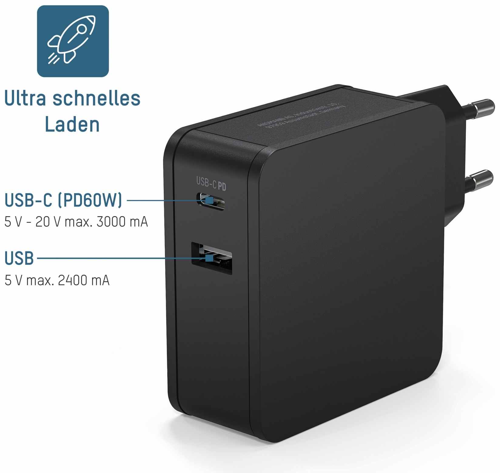 ANSMANN USB-Ladegerät 265PD, 65 W, 3 A, 1xUSB, 1xUSB-C (PD) ANSMANN USB-Ladegerät 265PD, 65 W, 3 A, 1xUSB, 1xUSB-C (PD)