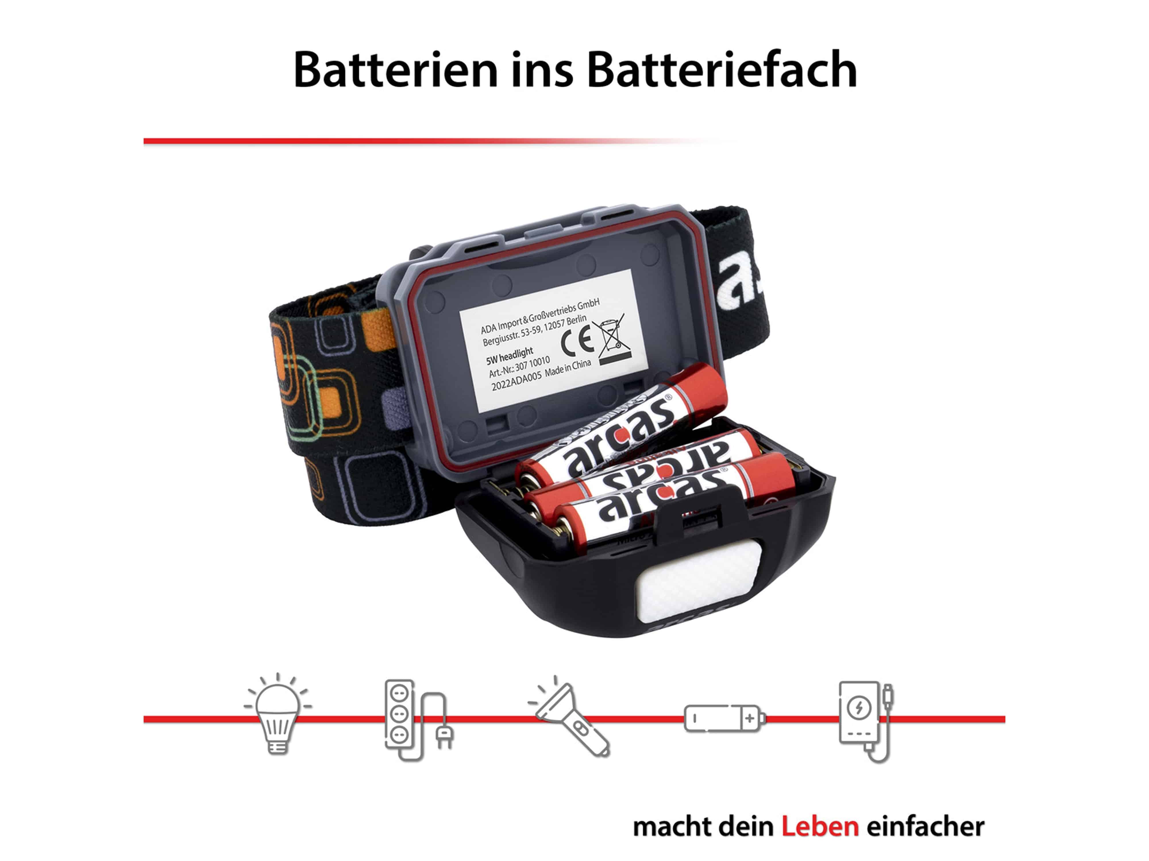 ARCAS LED-Stirnlampe, 5 W, 160 lm, 7 Funktionen, inkl. Batterien ARCAS LED-Stirnlampe, 5 W, 160 lm, 7 Funktionen, inkl. Batterien