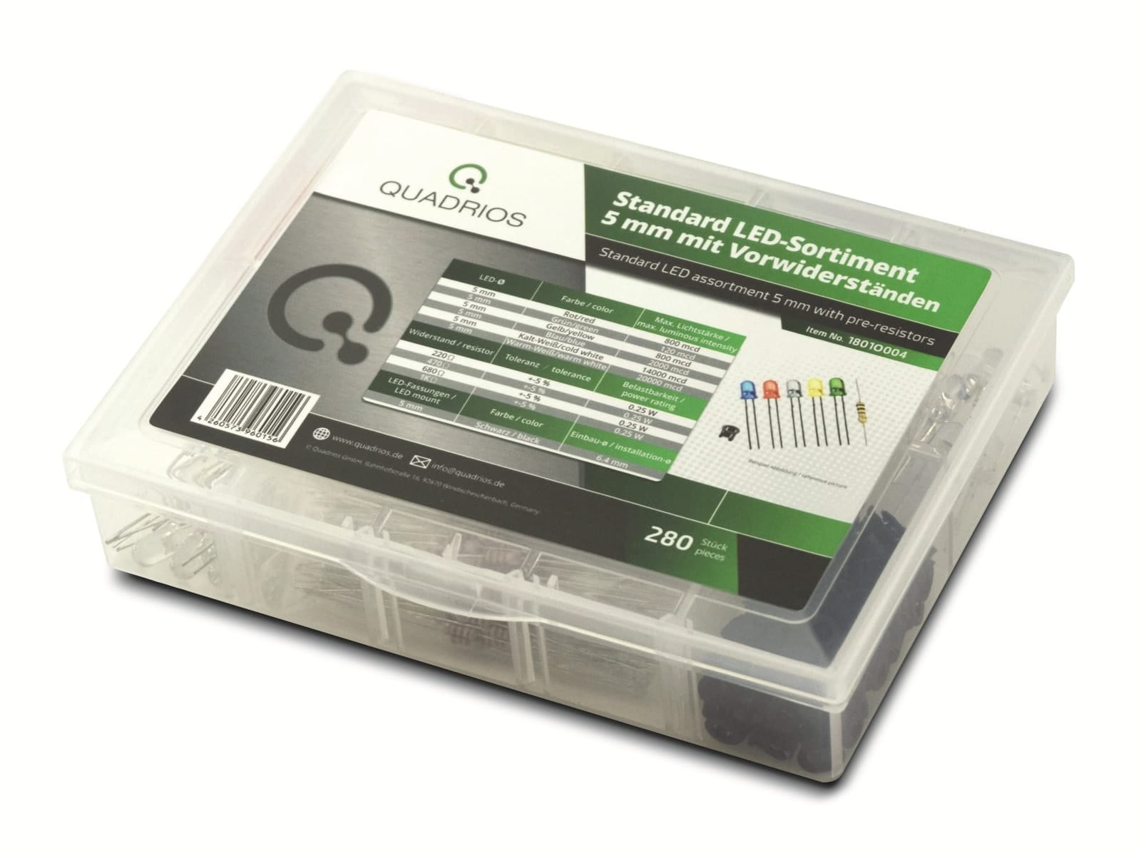 QUADRIOS 1801O004, LED Sortiment 5 mm Vorwiderstände Fassungen Bunt 280 tlg QUADRIOS, 1801O004, LED Sortiment 5 mm Vorwiderstände Fassungen Bunt 280 tlg