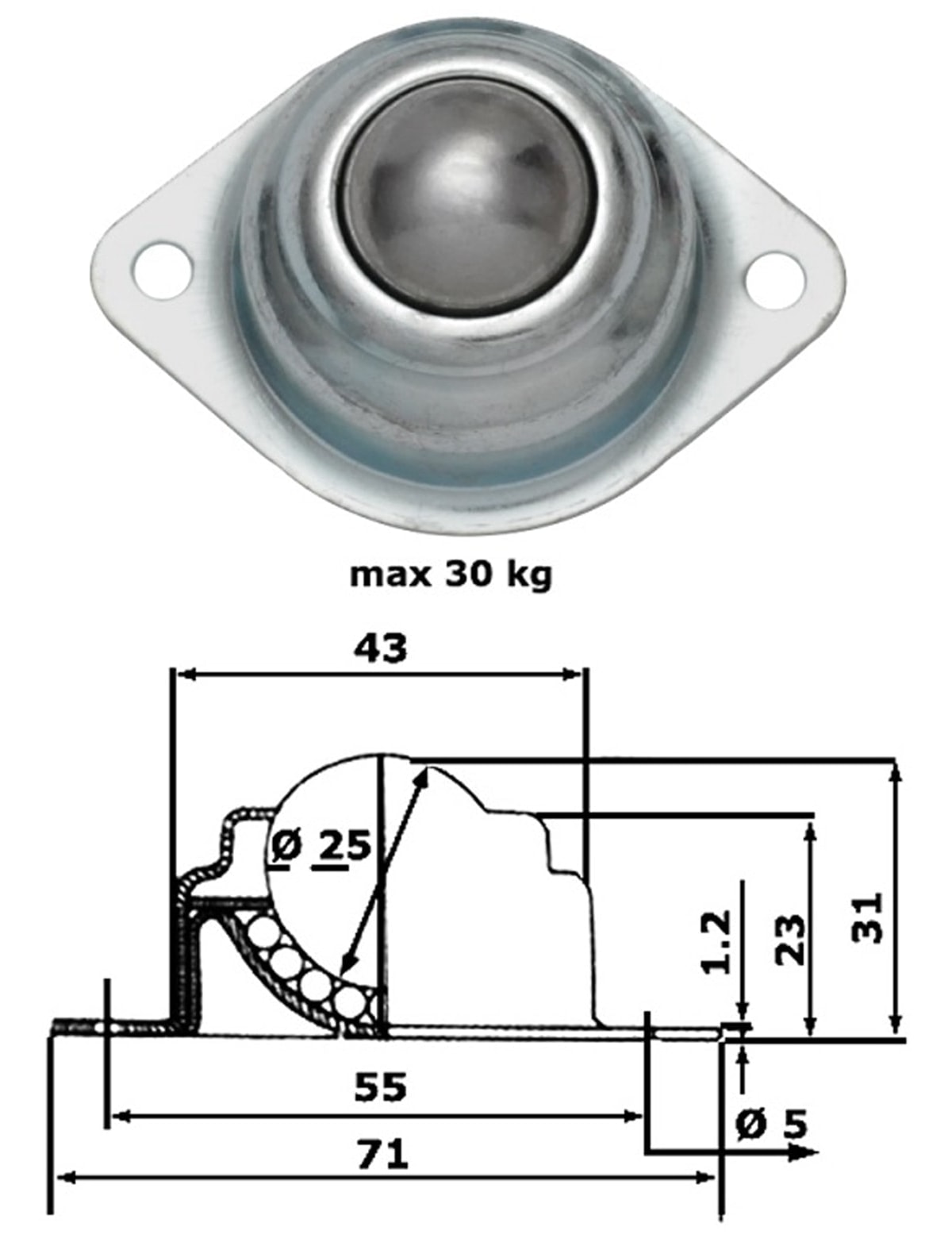 Kugelrolle, 70x50x28mm, 30 kg, Stahl