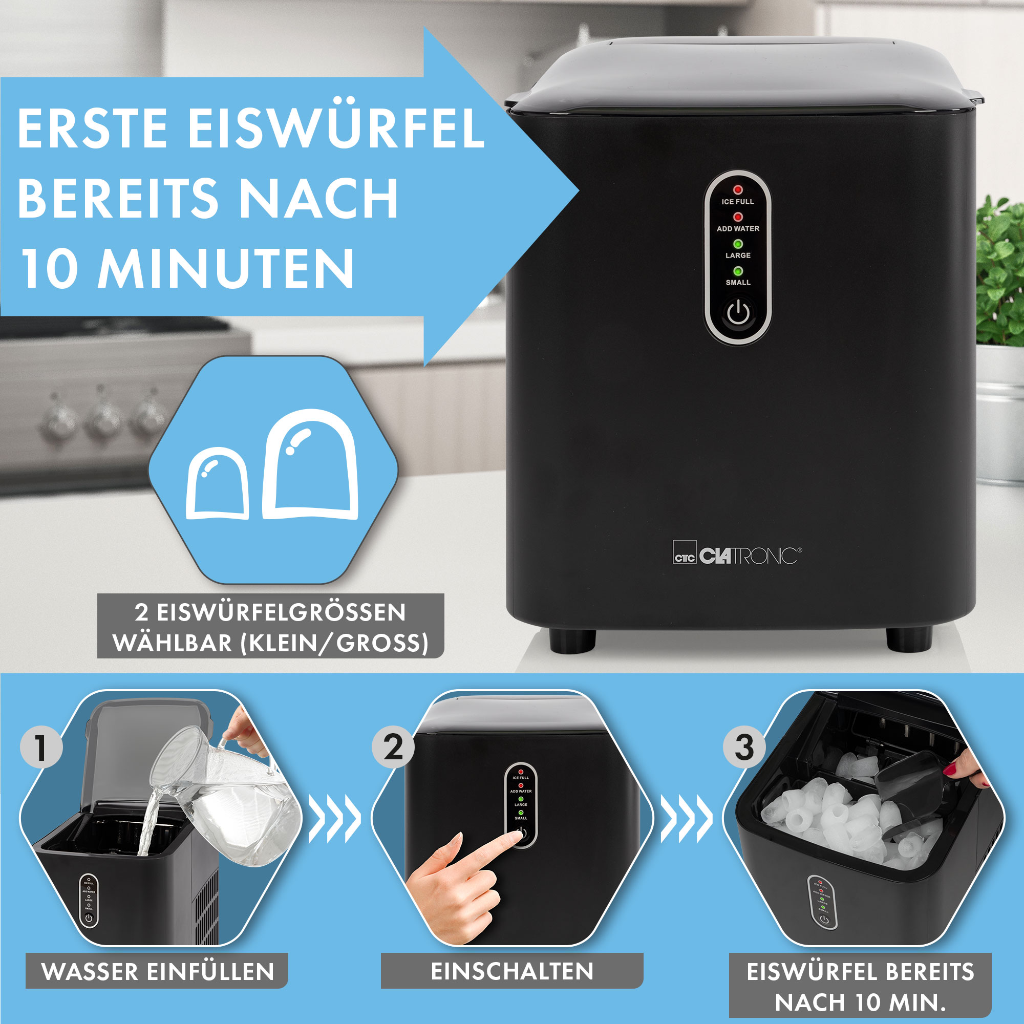 CLATRONIC Eiswürfelbereiter EWB 3798, ca. 8-10 kg Eiswürfel in 24h, ECO Save