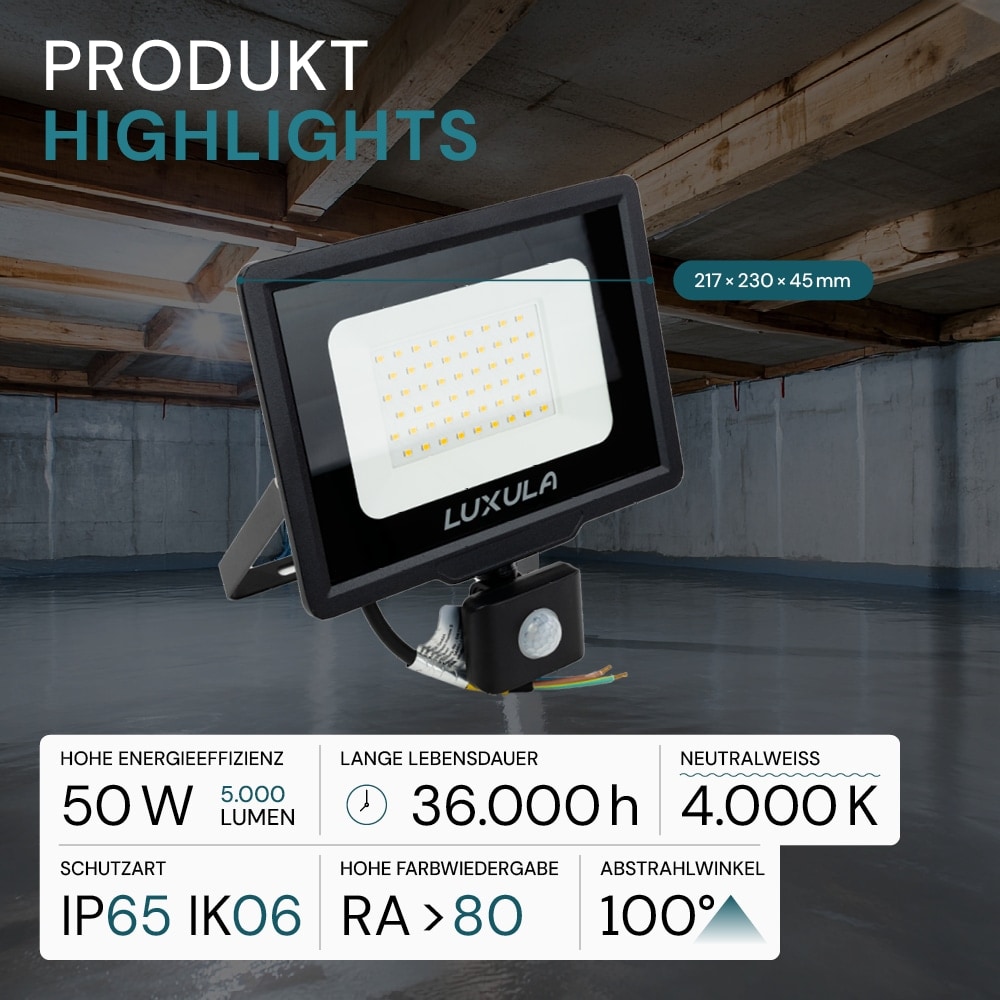 LUXULA LED-Fluter mit Bewegungsmelder, EEK: F, 50W, 5000lm, 4000K, schwarz