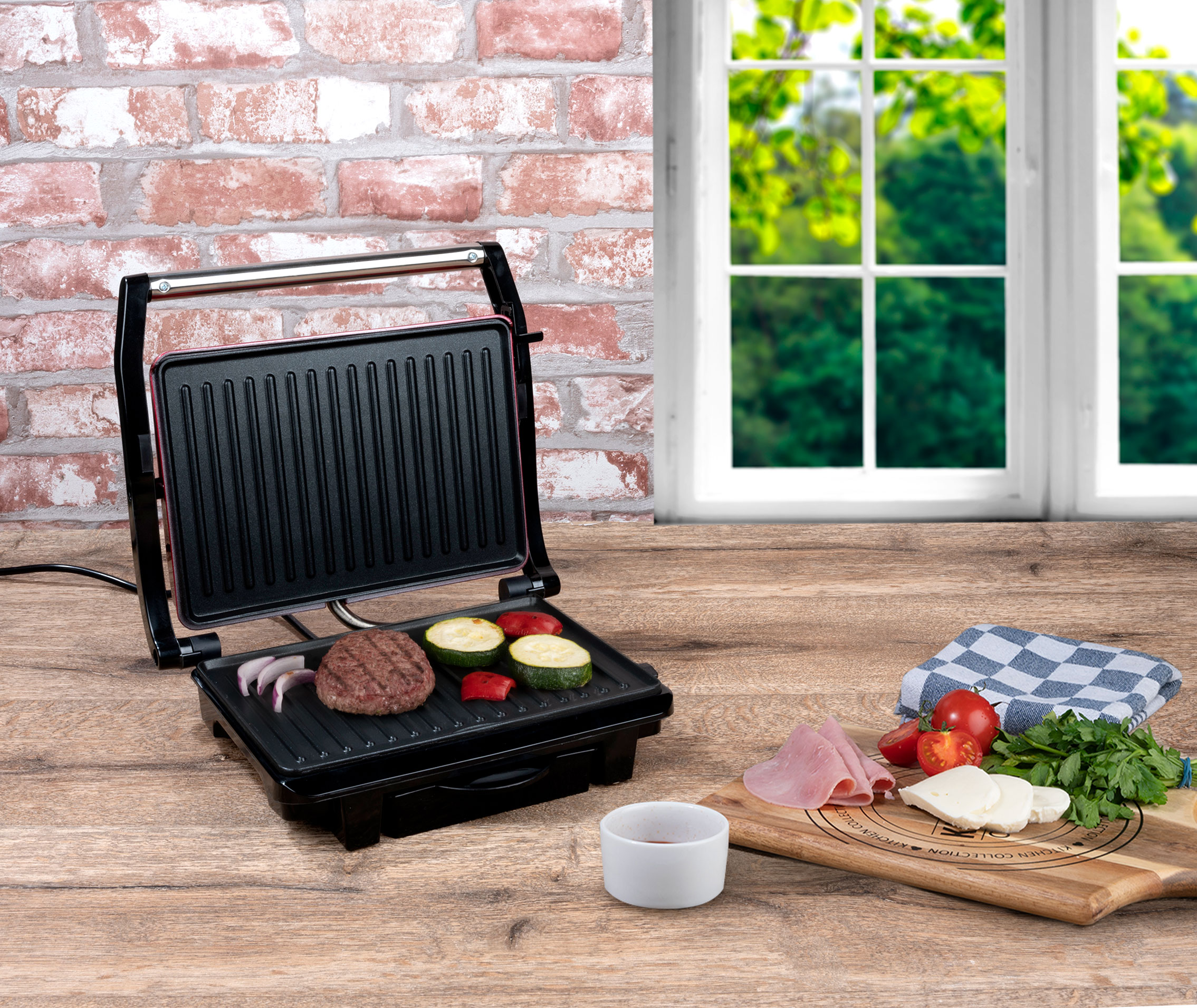 ALPINA Kontaktgrill, Multigrill, Panini, Sandwich, Fleisch, schwarz/rot, 1000W