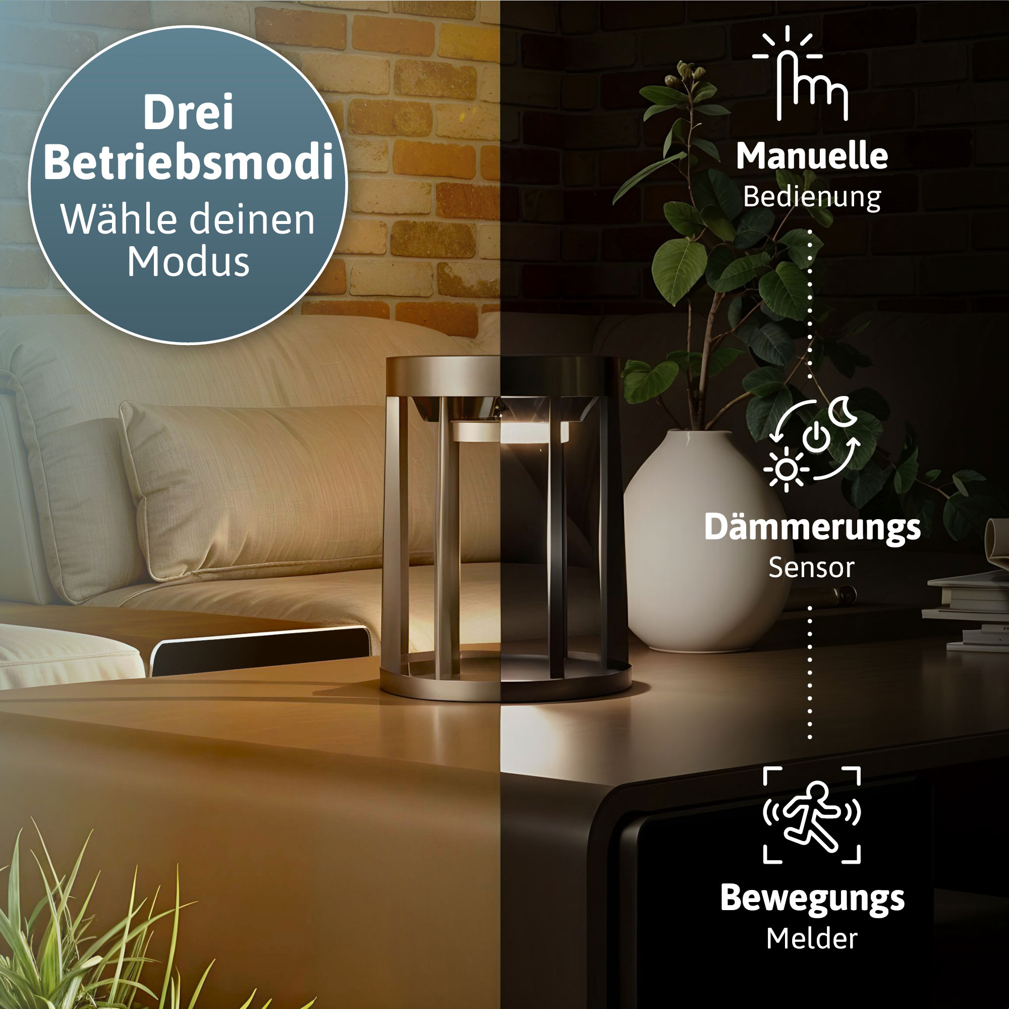 BRENDZ Solar LED-Tischleuchte, Vela & Crux, 100/500/1000 lm, 3000 K, IP65