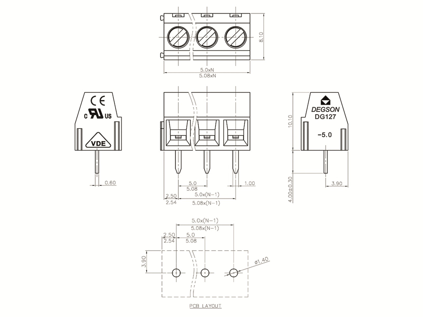 DEGSON Klemmleiste, DG127-5.08-02P-14-00AH, RM 5,08 2 polig grün