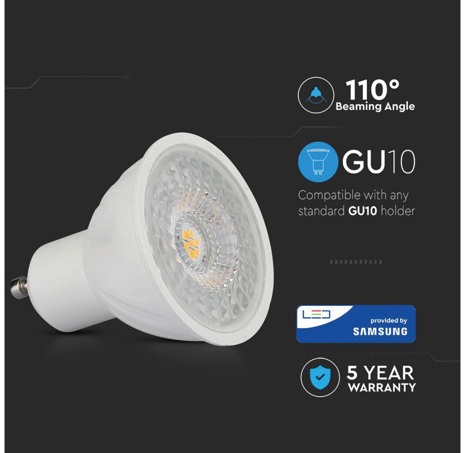 V-TAC LED-Lampe VT-247 (193), GU10, EEK: F, 6,5 W, 480 lm, 4000 K, 5 Stück