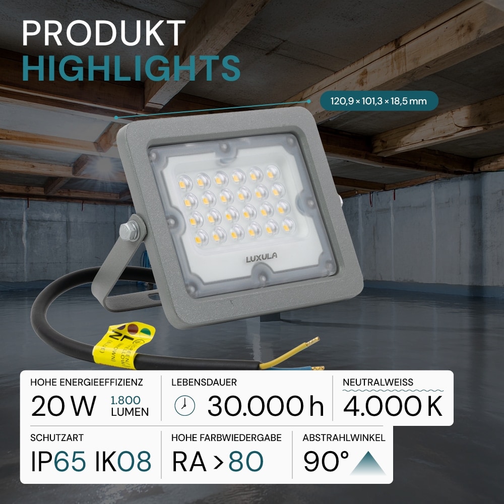 LUXULA LED-Fluter, EEK: F, 20W, 1800lm, 4000K, IP65, grau