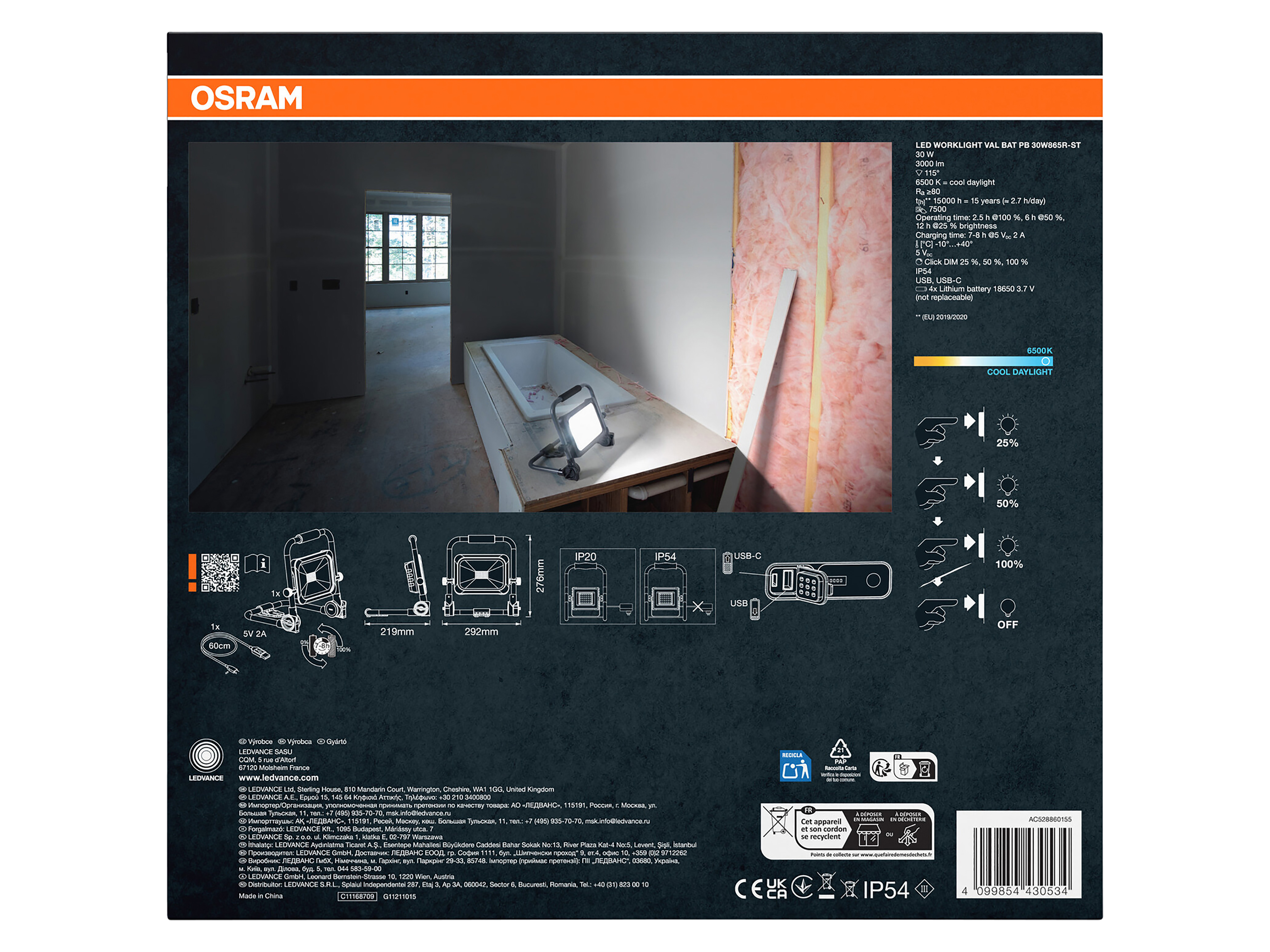 OSRAM LED-Fluter, 30W, 6500K, 3000lm, kaltweiß, IP54, schwarz/grau