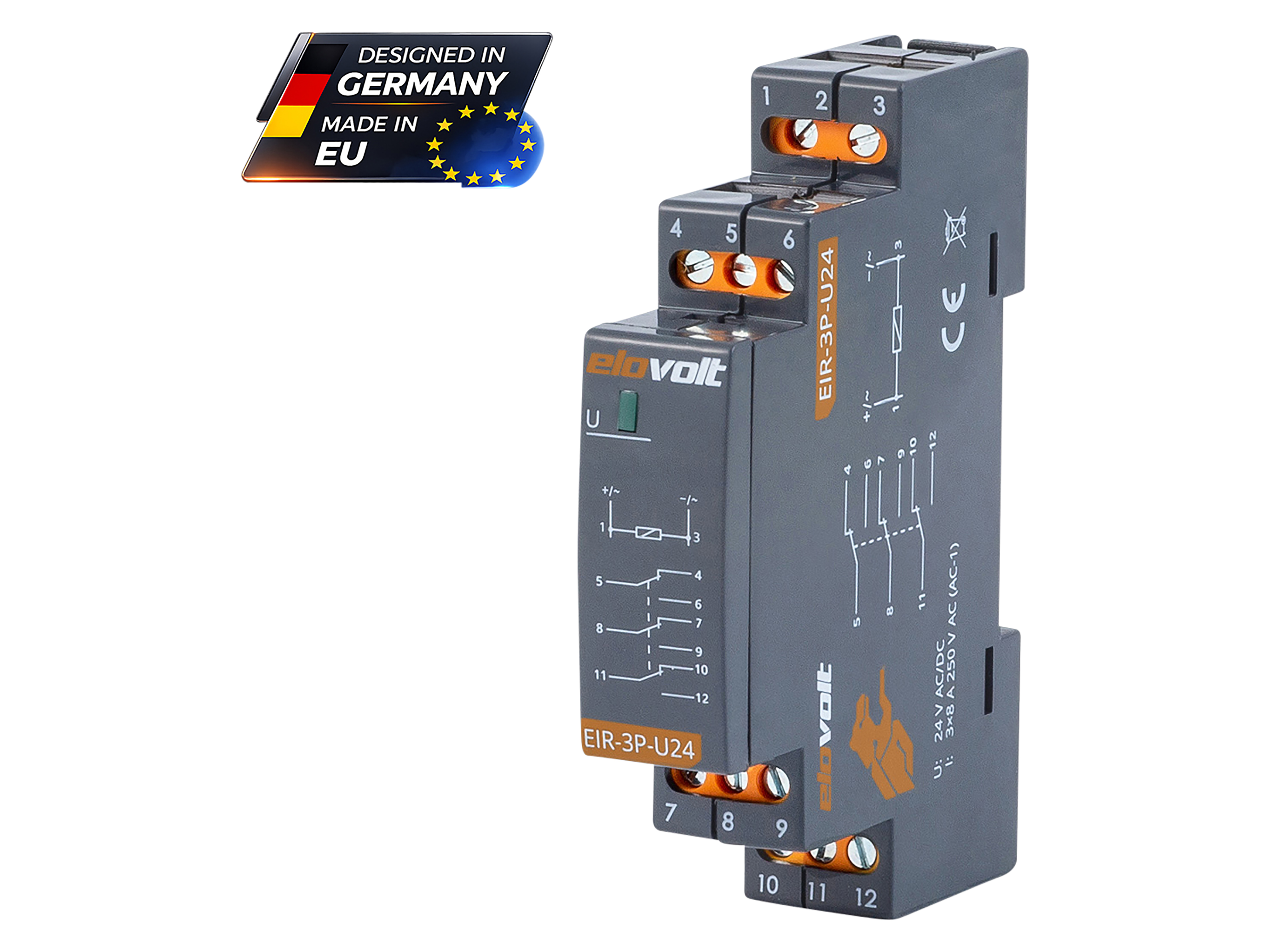 ELOVOLT Schaltrelais EIR-3P-U24, 3x 8 A, 24V, 3 Wechsler