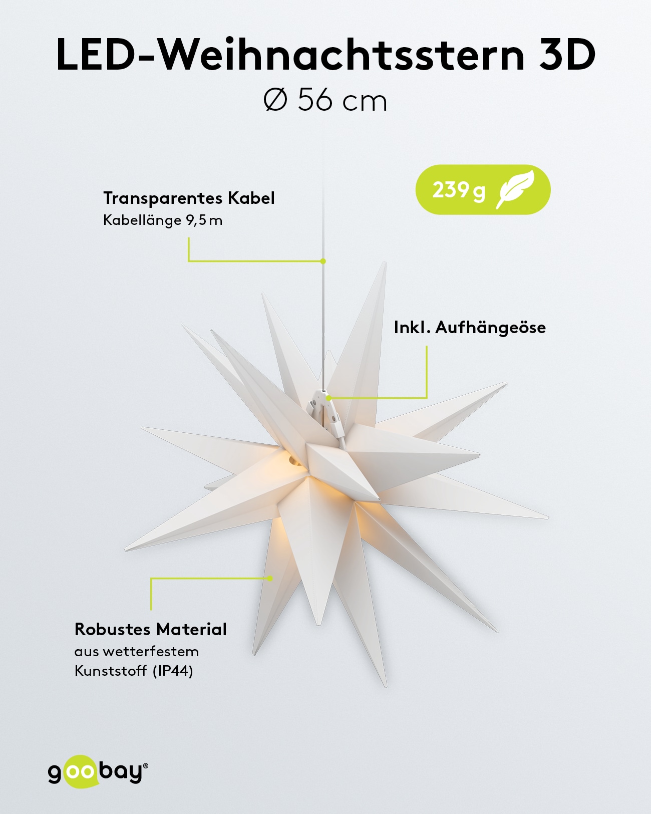 GOOBAY LED-Stern, 18 Zacken, 56cm, Outdoor, Timerfunktion, mit Netzteil GOOBAY LED-Stern, 18 Zacken, 56cm, Outdoor, Timerfunktion, mit Netzteil