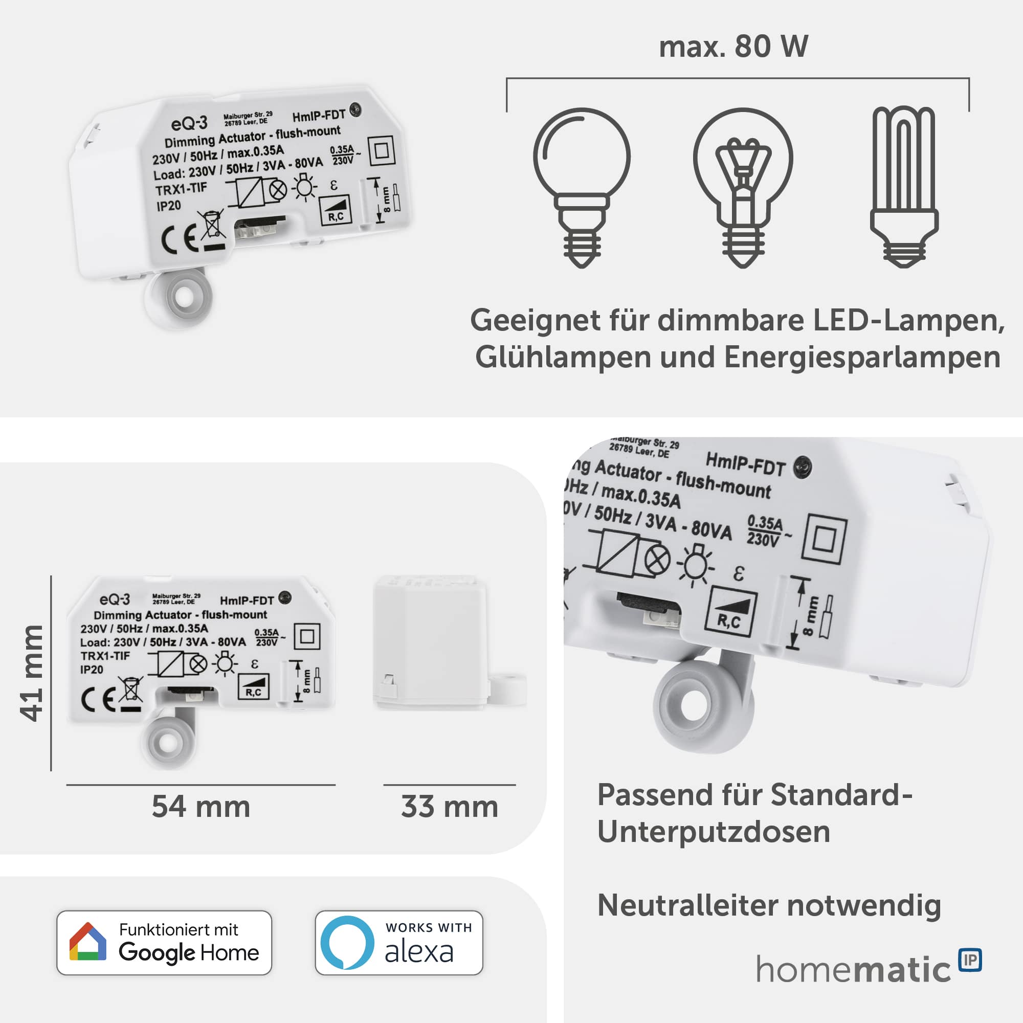 HOMEMATIC IP Smart Home 150609A0, Dimmaktor, Unterputz, Phasenabschnitt