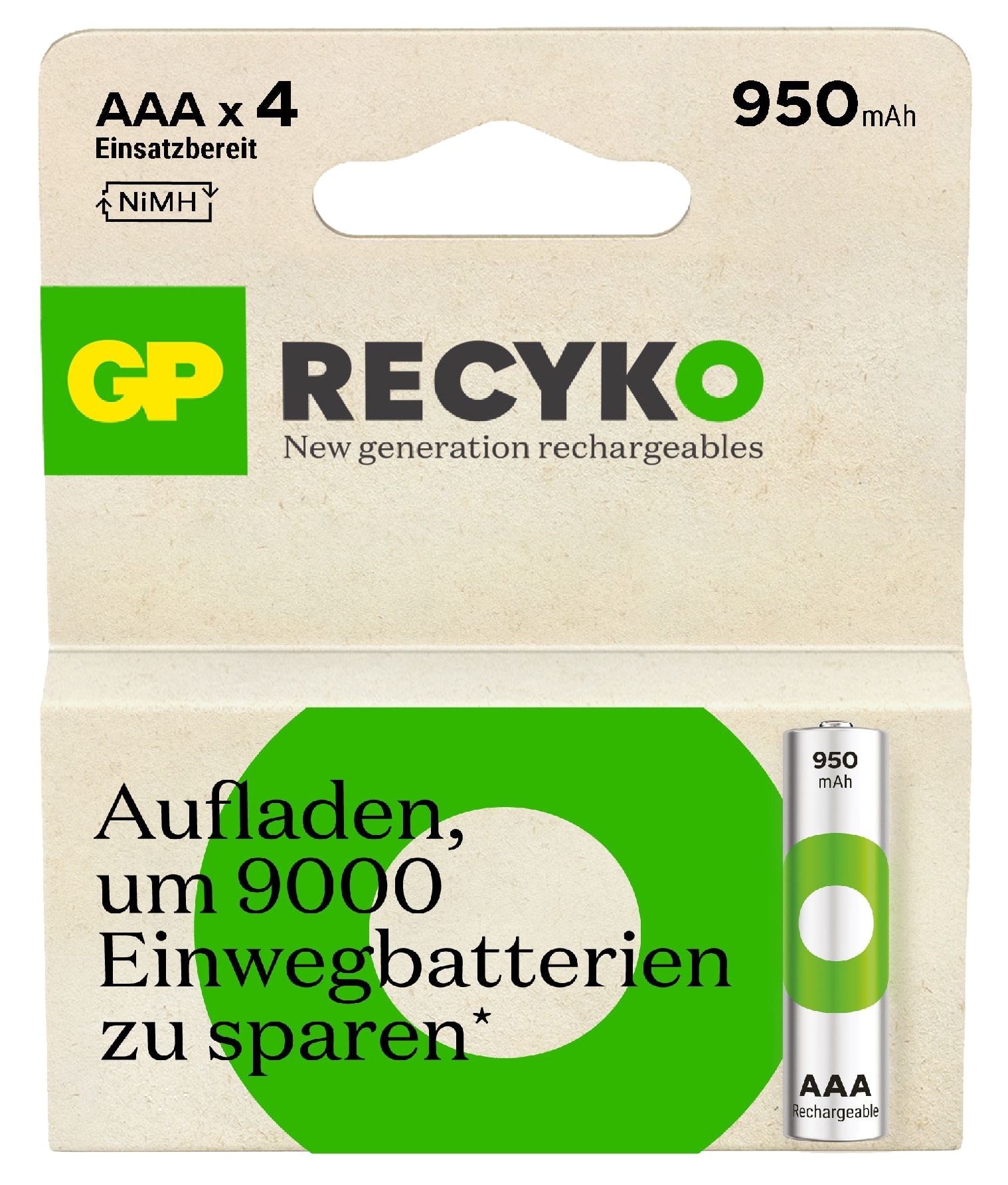 GP ReCyKO NiMH Akku Micro AAA, HR03 1,2V/950mAh, 4 Stück