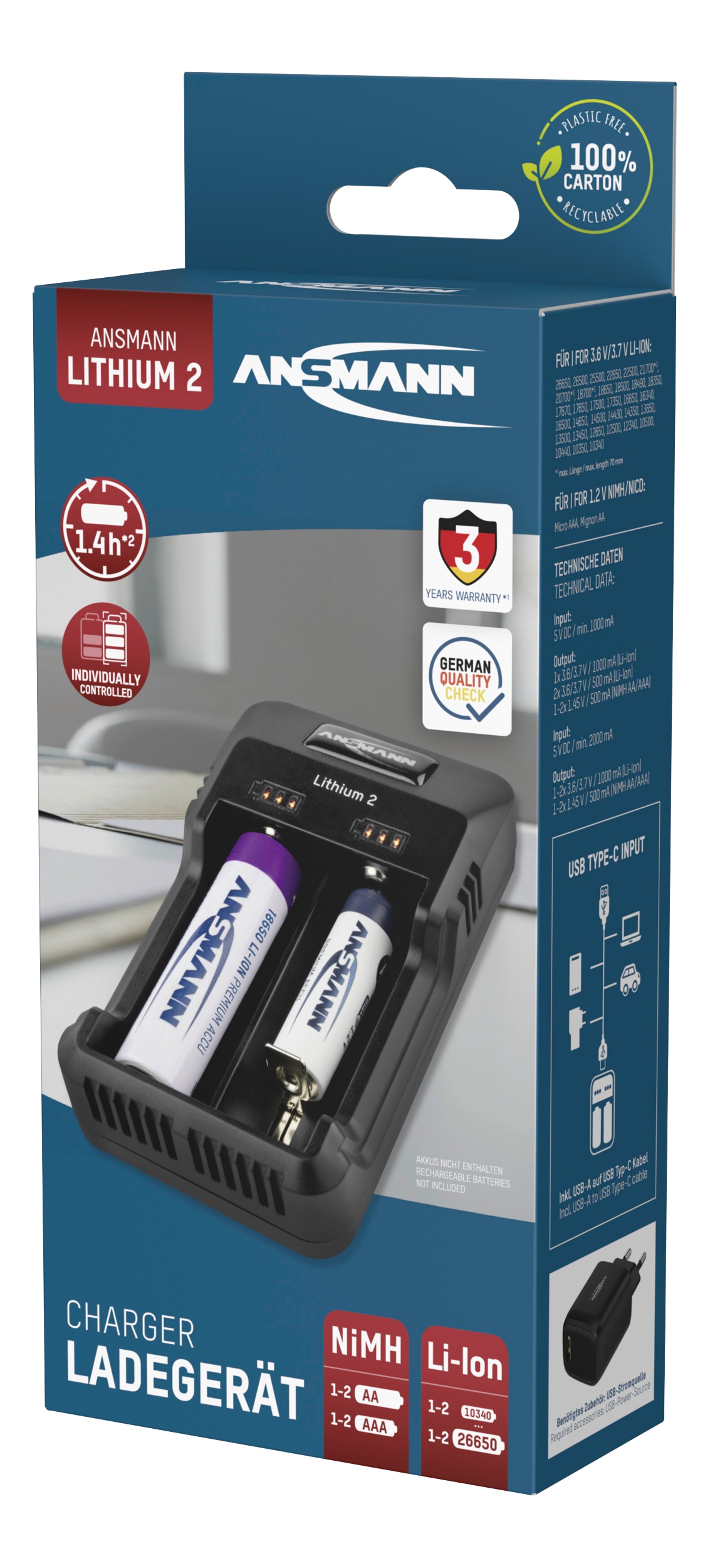 ANSMANN Ladegerät, Lithium 2, Li-Ion/NIMH, USB