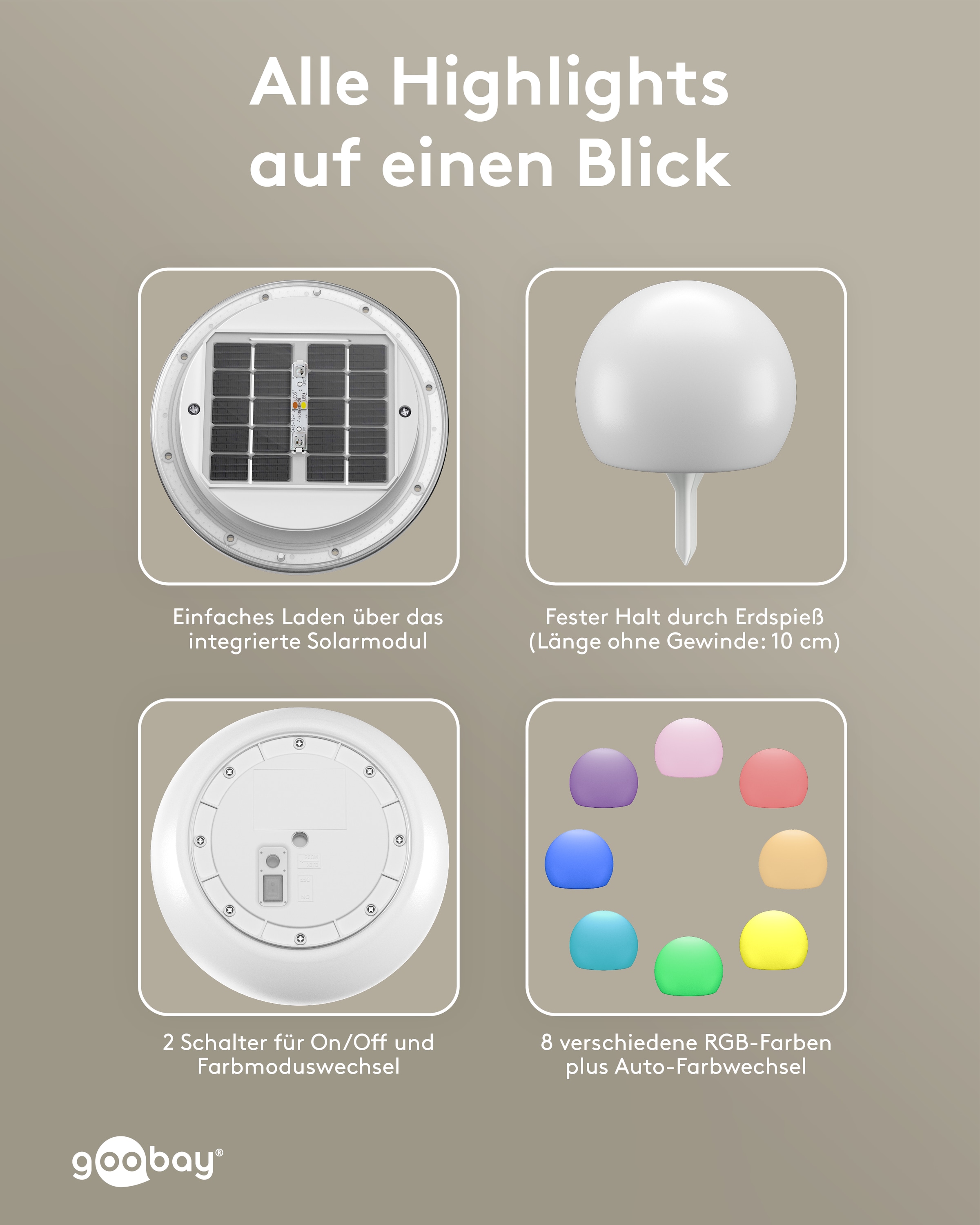 GOOBAY LED-Solar-Dekoleuchten, 20 cm, Kugel, Größe M, RGBW, 2 Stück