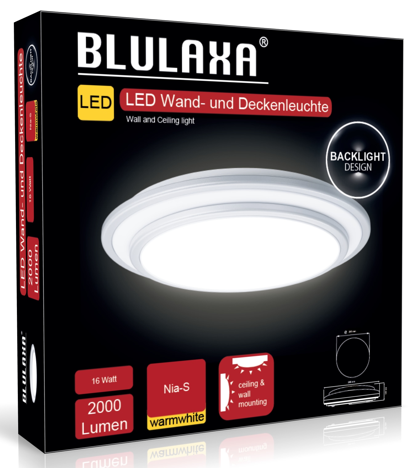 BLULAXA LED-Wand-und Deckenleuchte Nia-S, 16 W, 3000 K, 2000 lm, warmweiß, IP20, weiß/silber, 285 mm