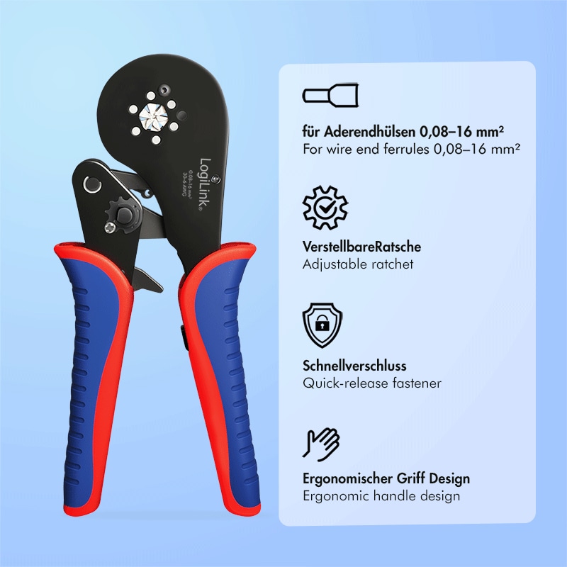 LOGILINK Selbsteinstellende Crimpzange, WZ0083, für Aderendhülsen 0,08-16 mm²