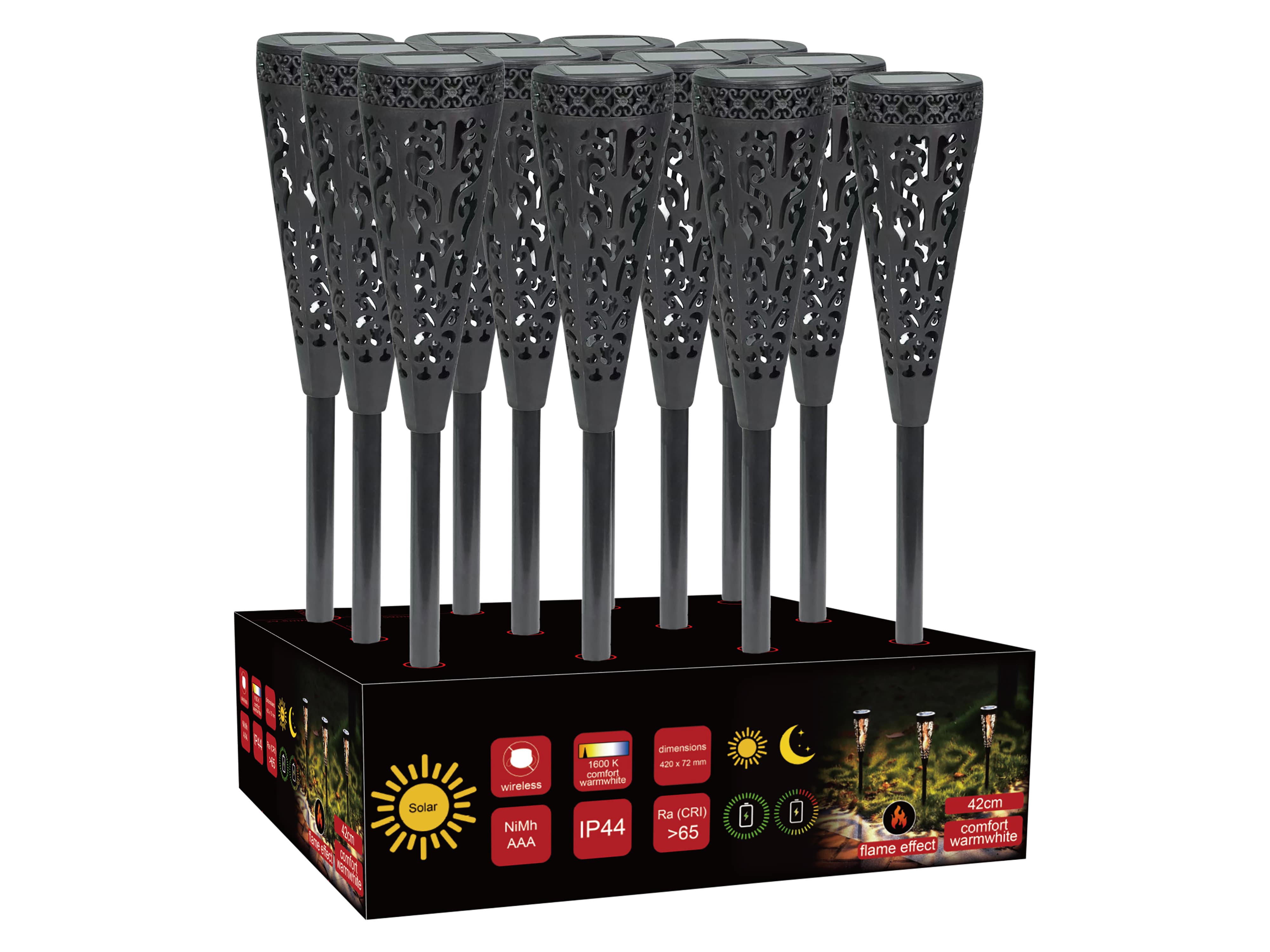 BLULAXA Solar LED-Gartenleuchte 51017, 1600K, IP44, Flackereffekt, schwrz