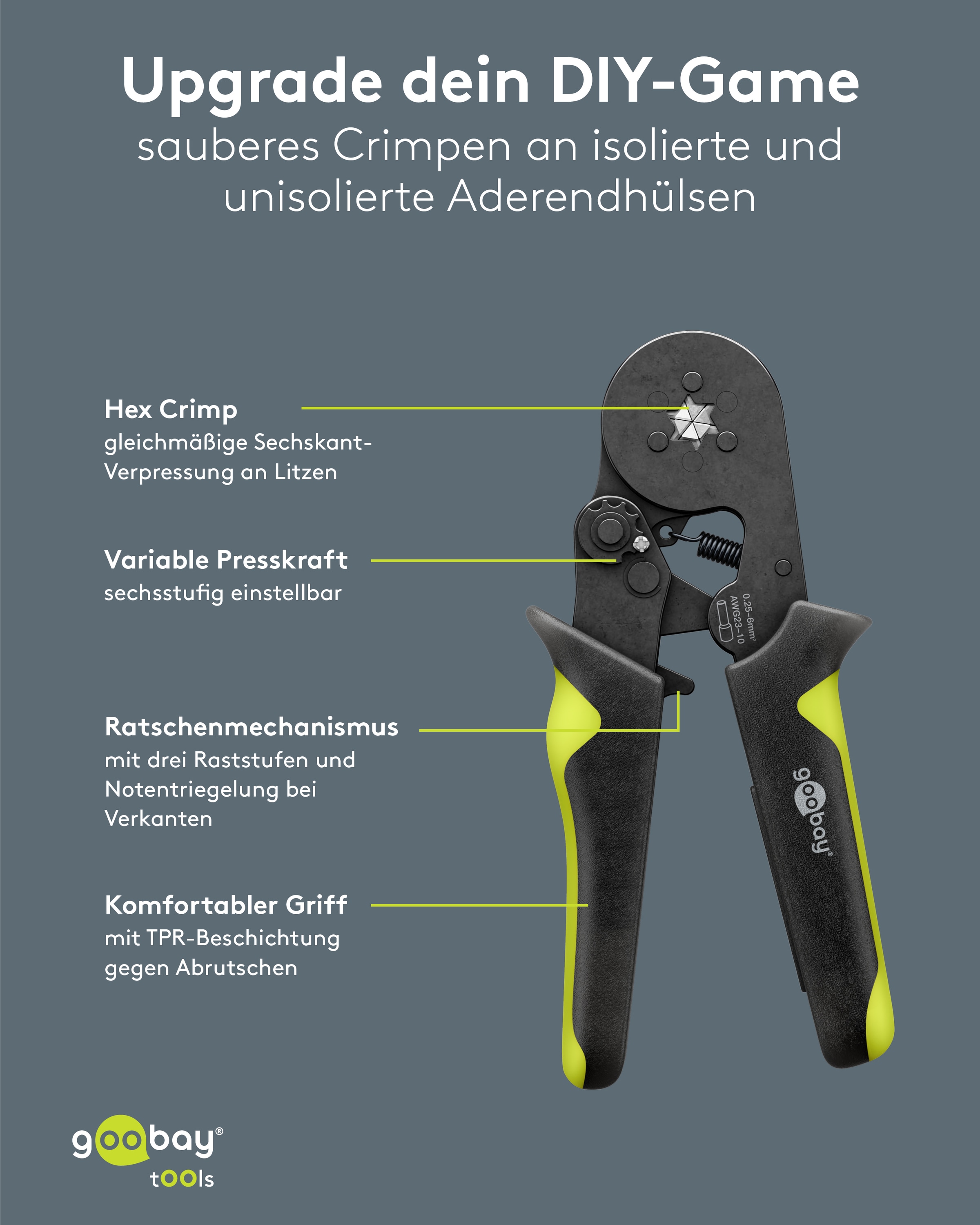GOOBAY TOOLS Sechskant-Crimpzange, für Aderendhülsen