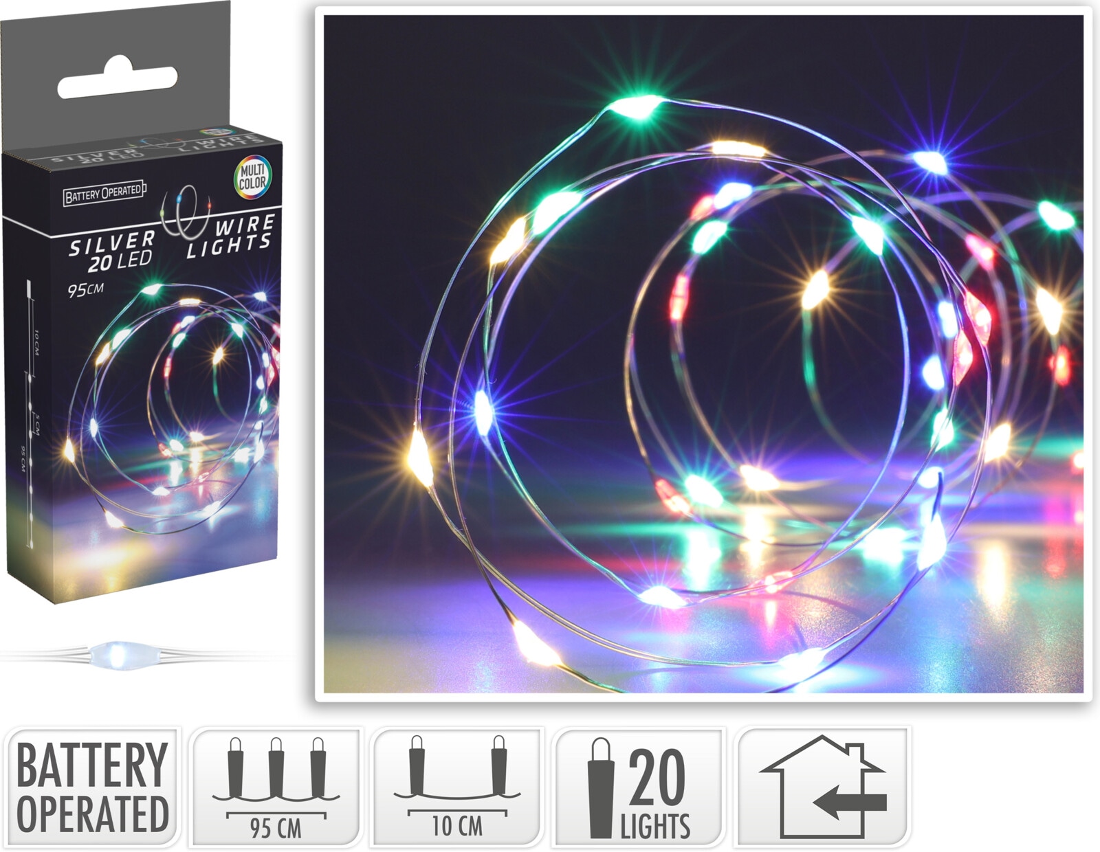 LED-Silberdrahtlichterkette, 20 LEDs, bunt, Batterie, Innen, 1 m LED-Lichterkette Silberdraht 20 LEDs, bunt, Batteriebetrieb