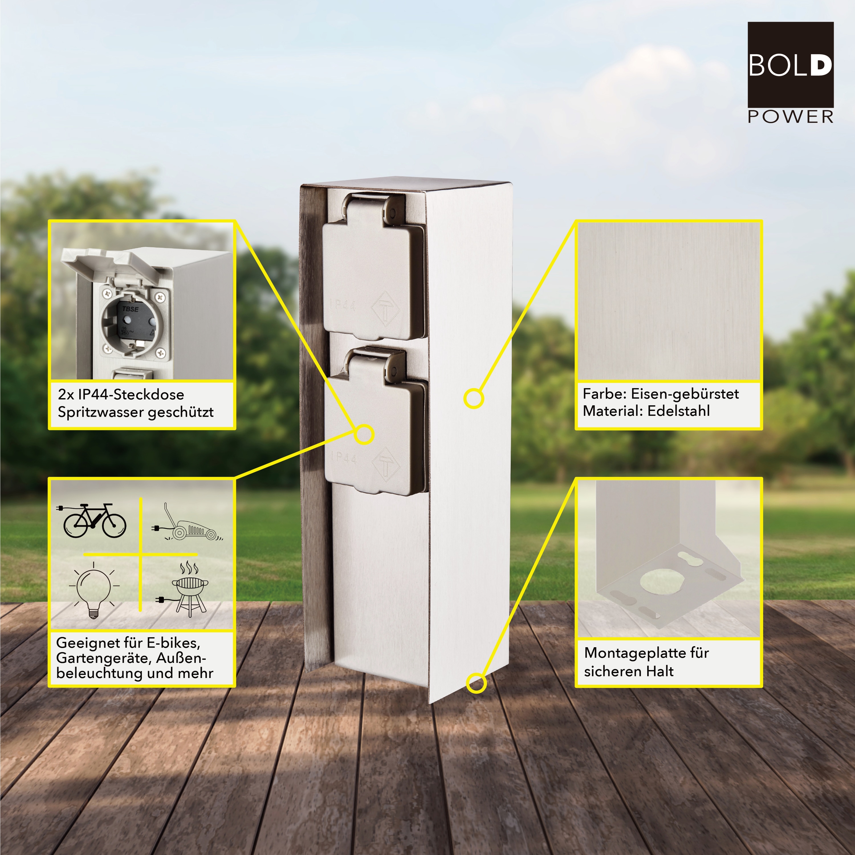 BOLD POWER Steckdosensäule Orio 10043, 2-fach, IP44, Eisen gebürstet BOLD POWER Steckdosensäule Orio 10043, 2-fach, IP44, Eisen gebürstet