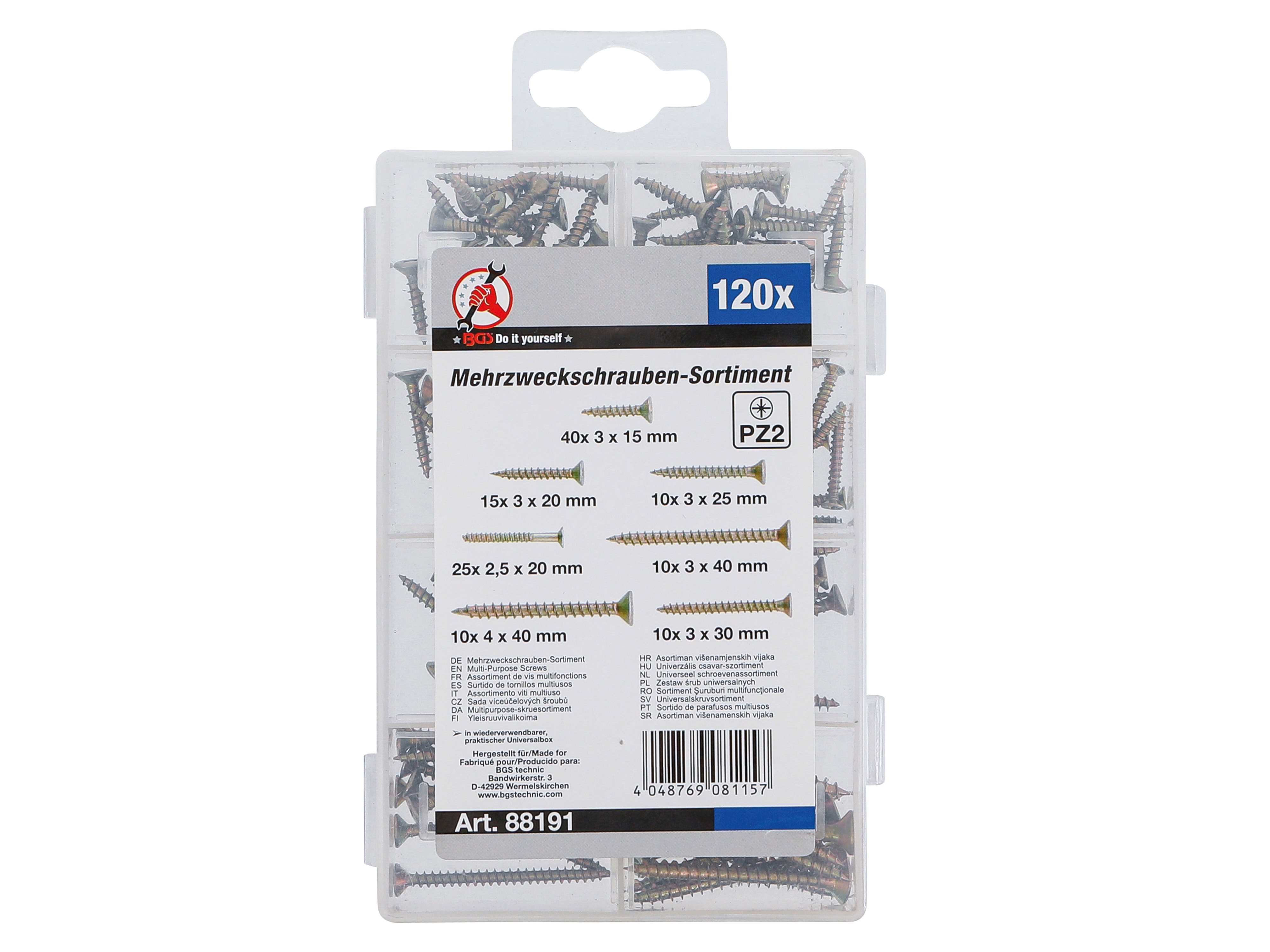 BGS TECHNIC Mehrzweckschrauben-Sortiment, Kreuzschlitz PZ2, 120 Stück