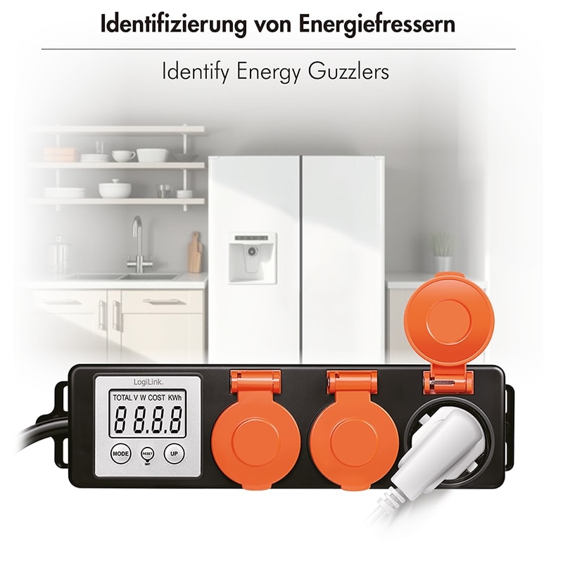 LOGILINK Außensteckdose mit Energiekostenmesser, 2,0"-LCD, Schutzklappe, 3-Fach