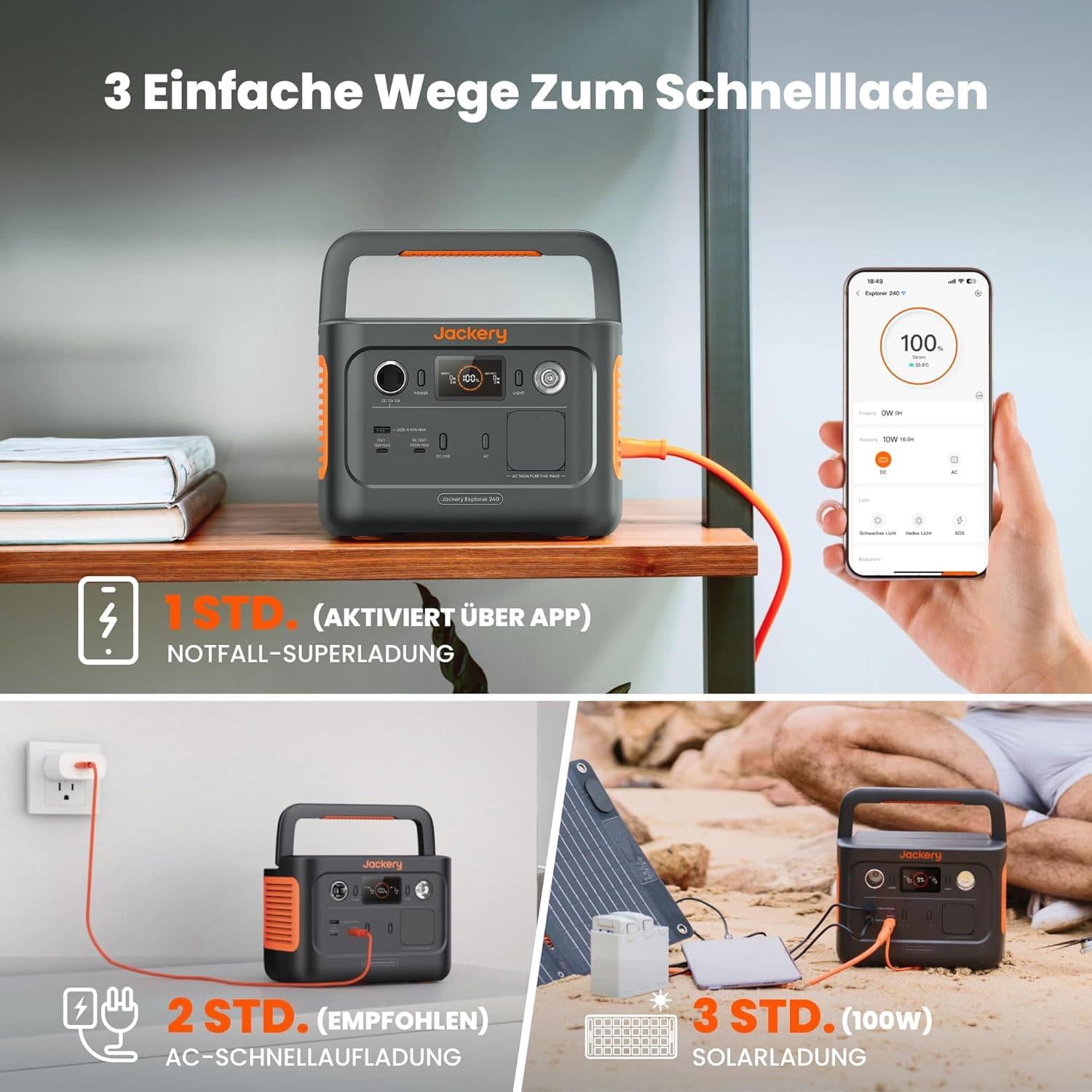 JACKERY Powerstation Explorer 240 V2, LiFePO4, 256 Wh, 300 W, 5-Port, USB-C PD 100 W, faltbarer Tragegriff