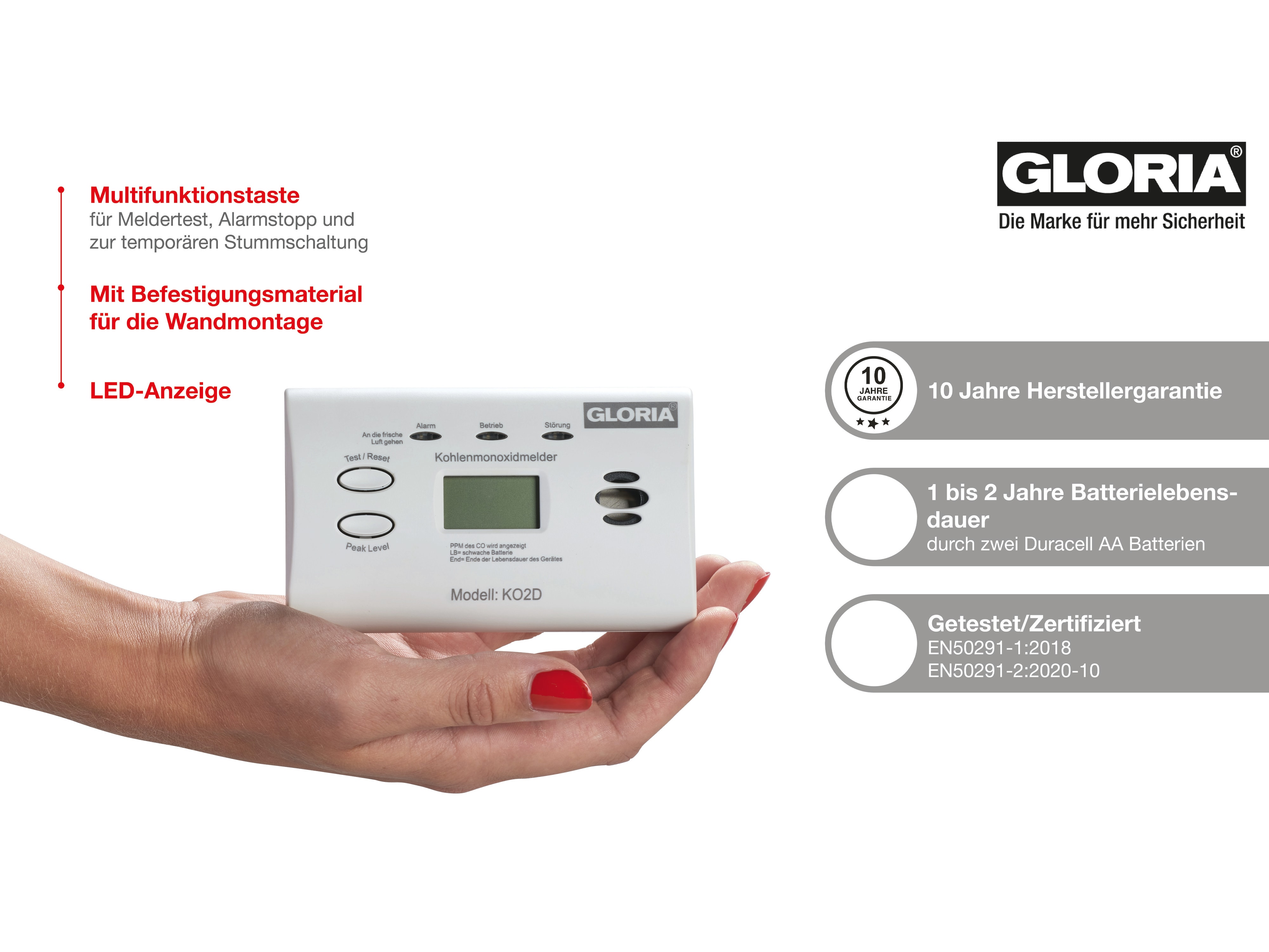 GLORIA Kohlenmonoxid-Melder KO2D, mit Display