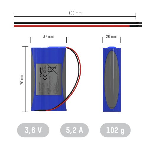 ANSMANN Li-Ion Akkupack mit Ausgangskabel, 1S2P, 18,75 Wh, 3,6 V, 5200 mAh, blau