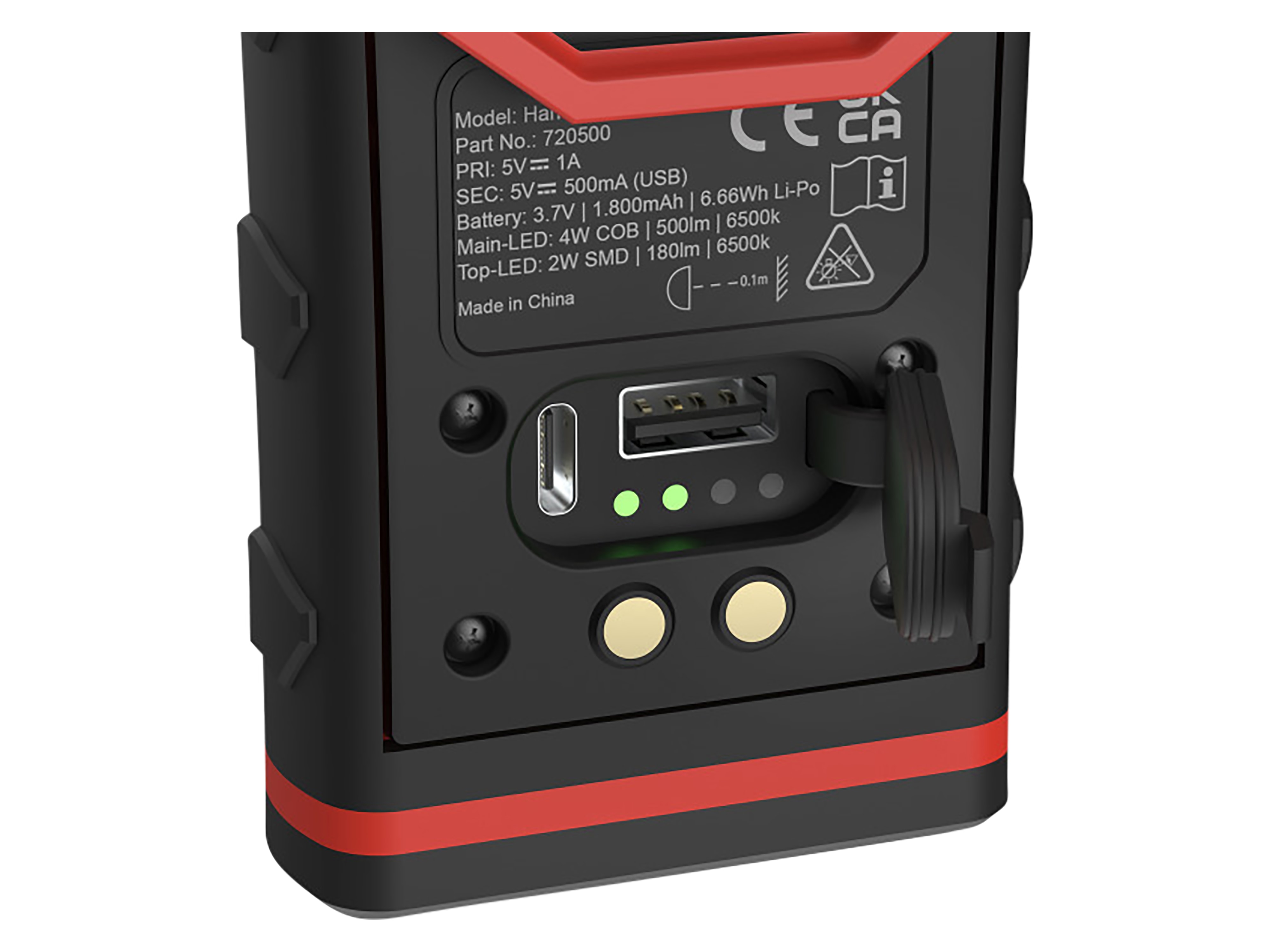 PCE LED-Handleuchte H500, 1800mAh, USB-C, IP54, schwarz