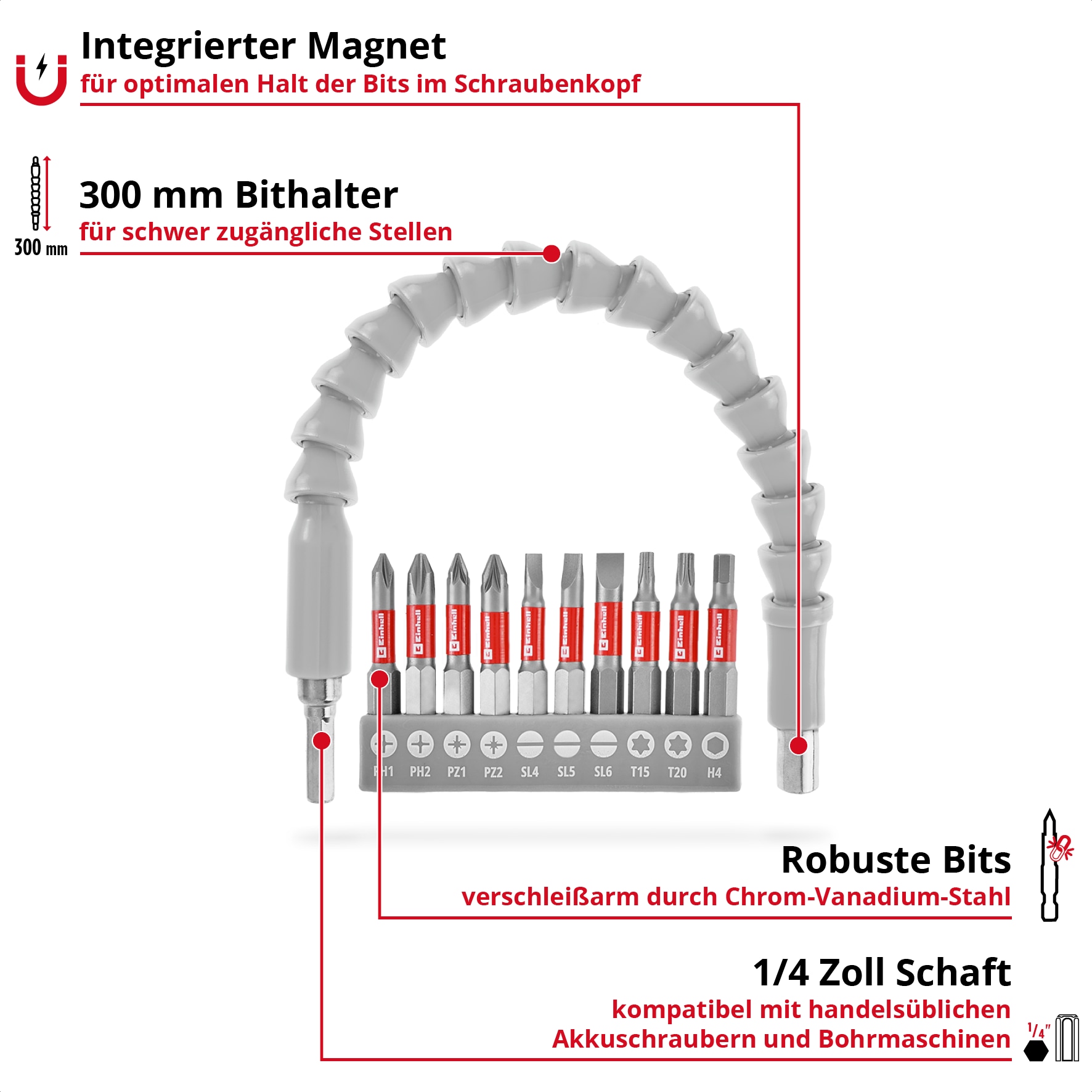 EINHELL Bit-Set, 133115, mit biegsamer Welle, 11-teilig