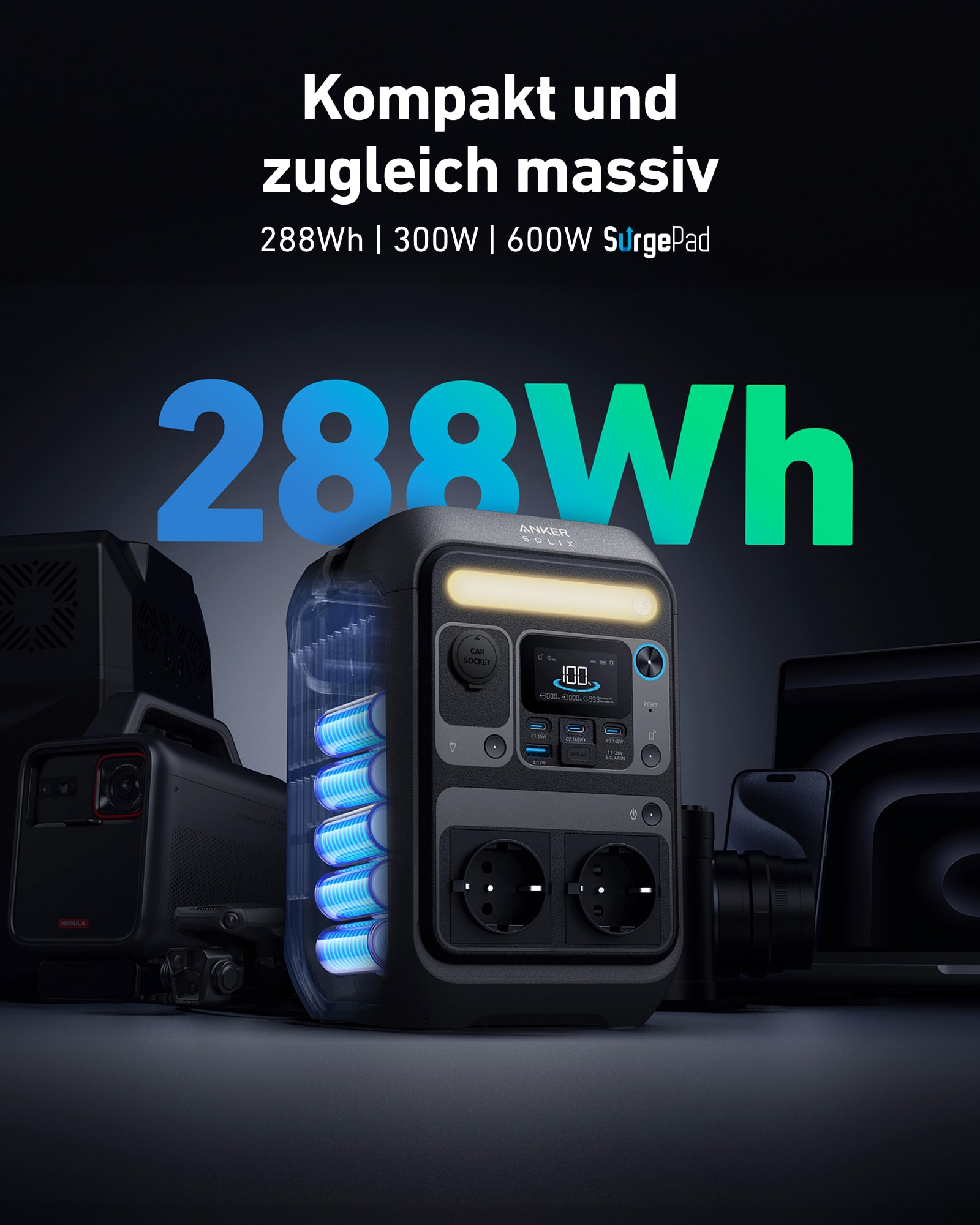 ANKER Powerstation C300X A1723311, 288Wh + ANKER Solarpanel PS60, 60 W, faltbar