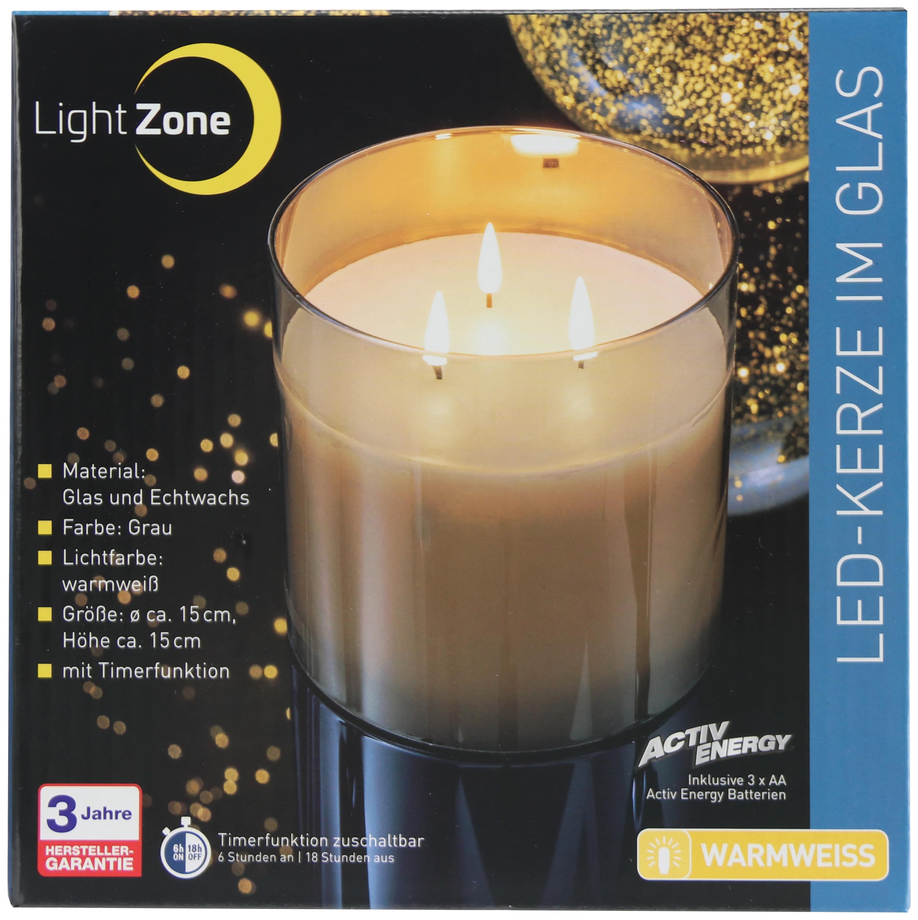 LED-Echtwachskerze, Glas, mit Timer, 15x15 cm, Smoke Grau LED-Echtwachskerze, Glas, mit Timer, 15x15 cm, Smoke Grau